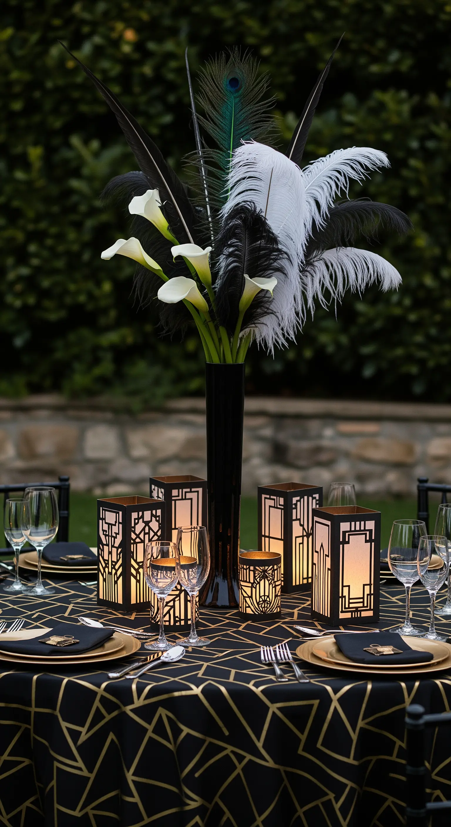 Allestimento a tema Grande Gatsby con piume, oro e lanterne Art Deco.
