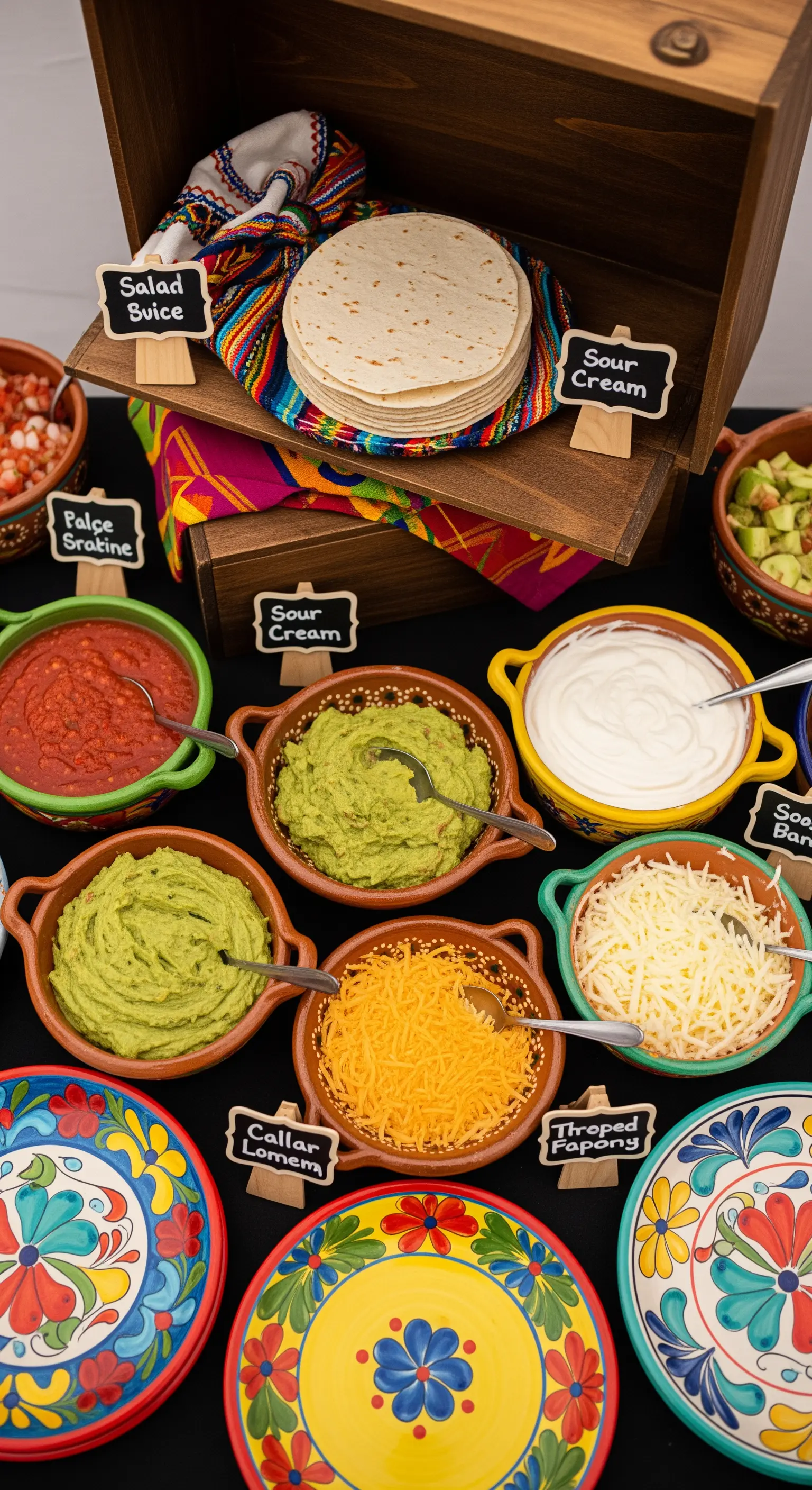 Taco bar colorato con ciotole in ceramica messicana per salse, guacamole e formaggio.