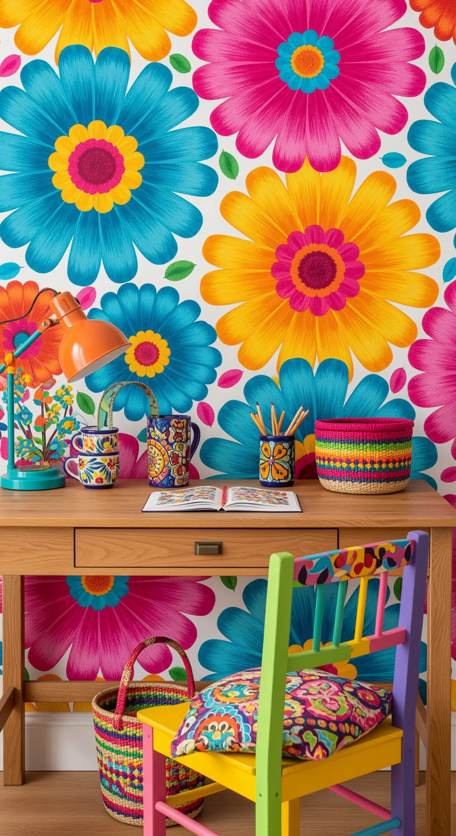 Scrivania in legno con sedia colorata davanti a una parete con carta da parati floreale sgargiante.