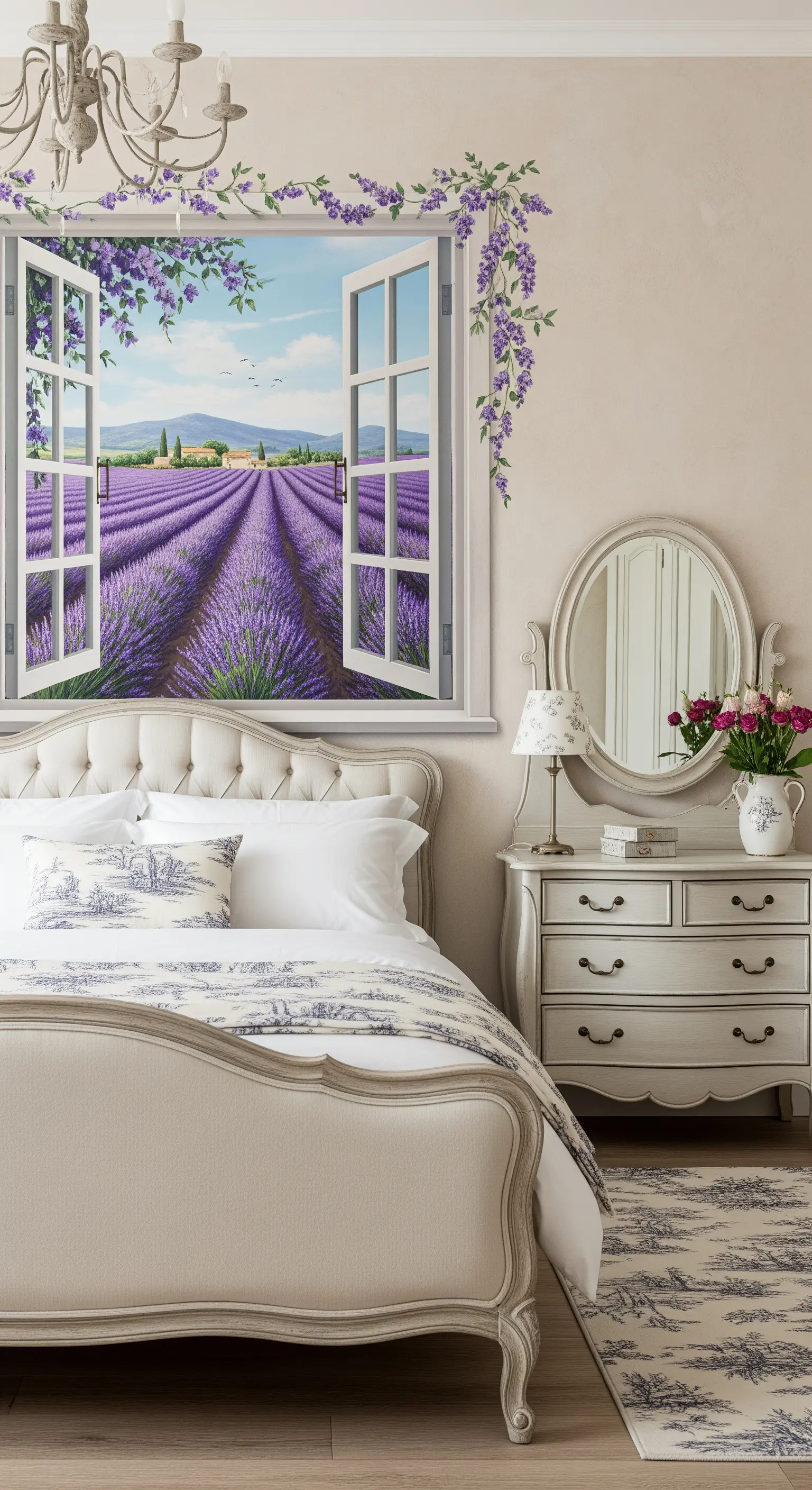 Camera da letto in stile provenzale con un murale trompe-l'œil di una finestra sui campi di lavanda.
