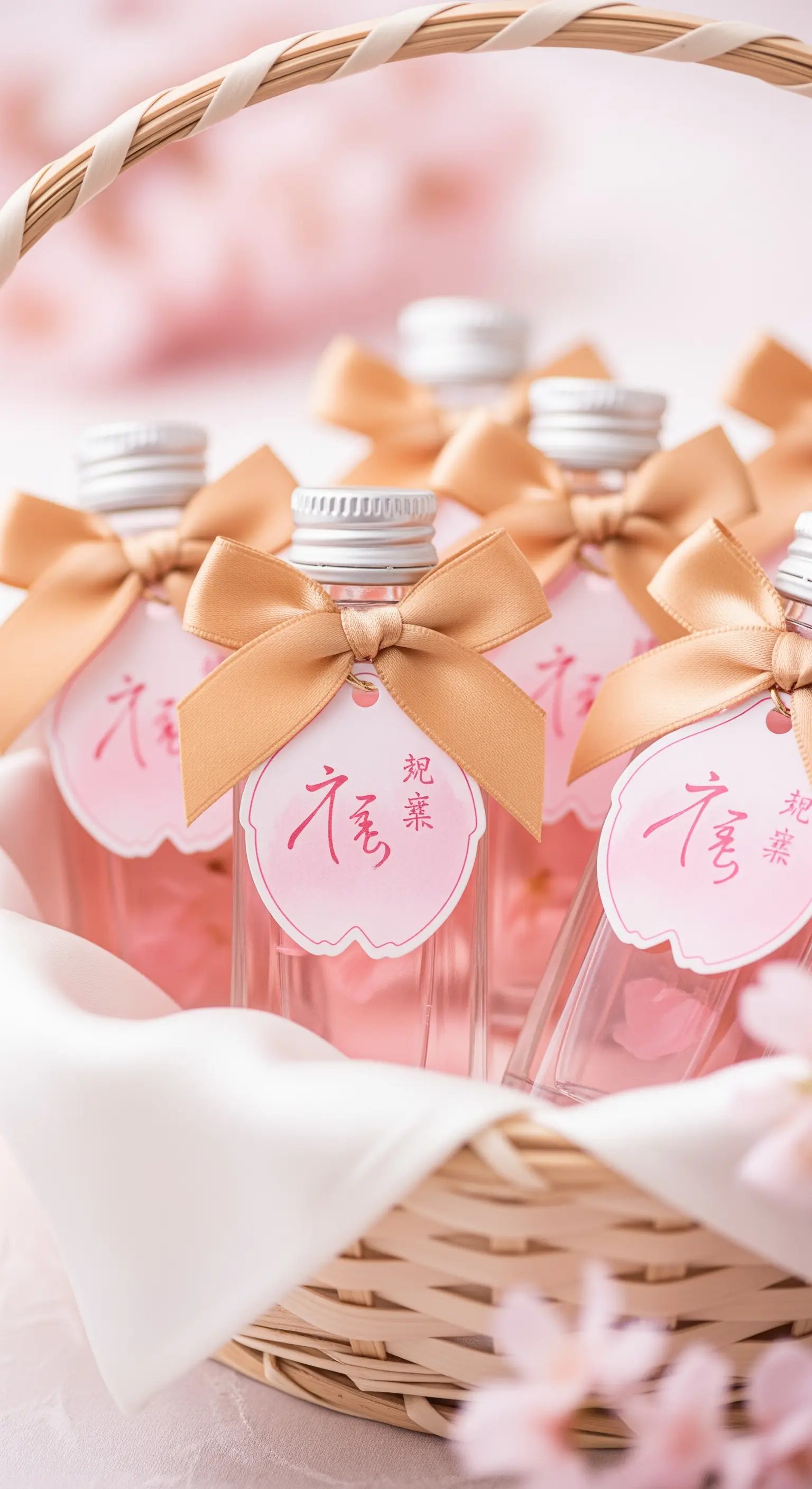 Bomboniere con liquore rosa, fiocchi color pesca e tag a tema fiori di ciliegio in un cesto.
