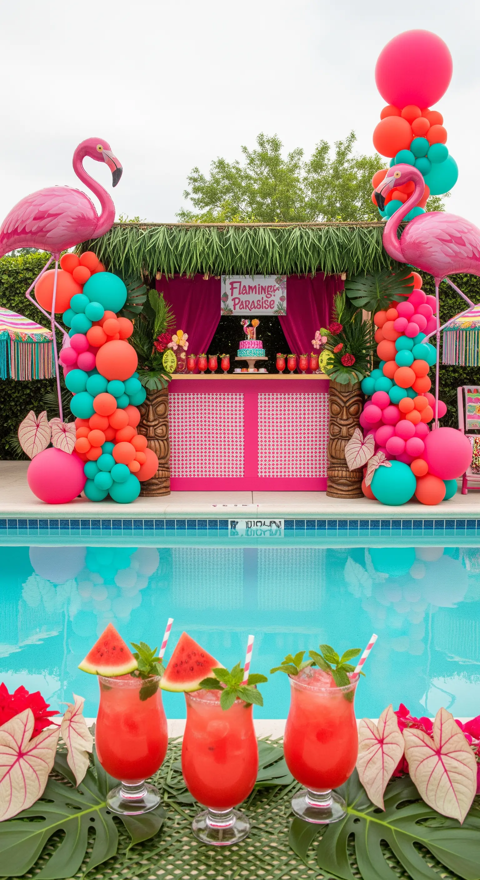 Pool party a tema fenicotteri con bar tiki e colonne di palloncini rosa e turchesi.