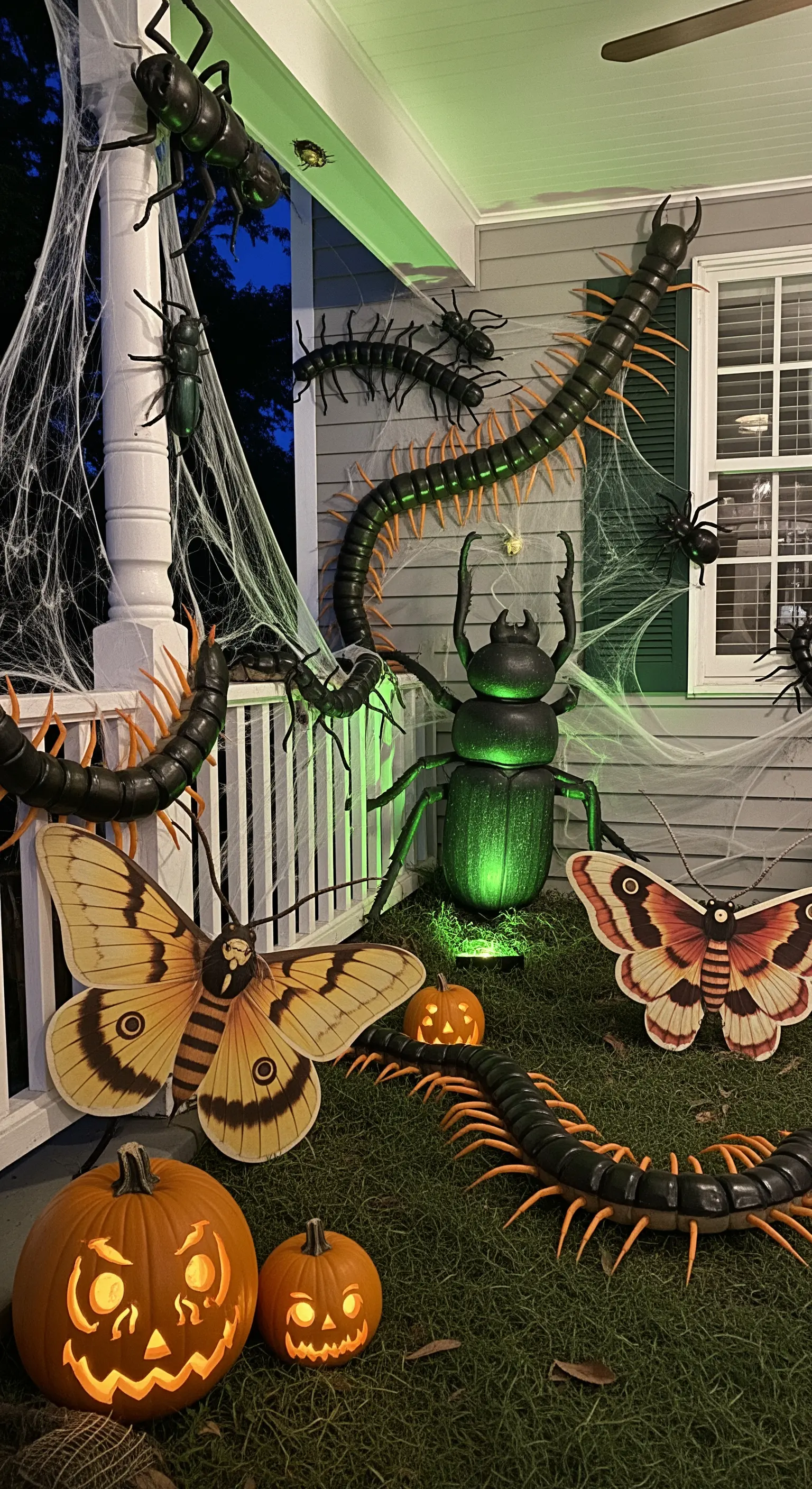 Insetti giganti, come centopiedi e scarafaggi, invadono un portico illuminato di verde.