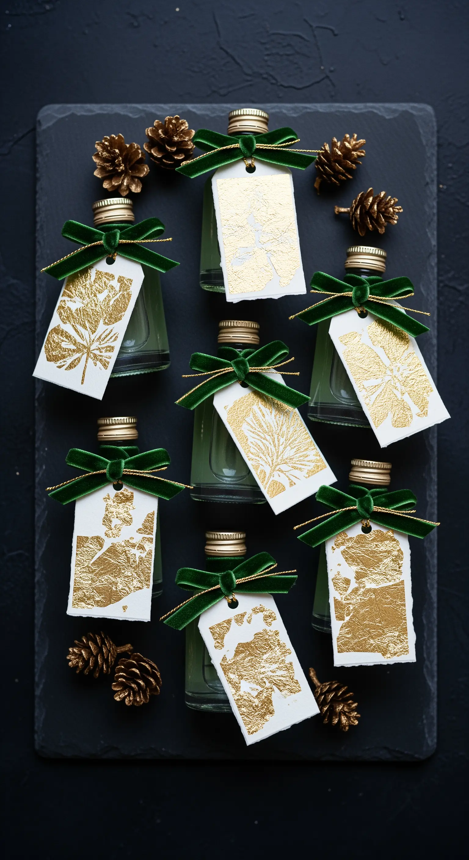 Bomboniere con liquore chiaro, fiocchi in velluto verde e tag decorati con foglia d'oro.