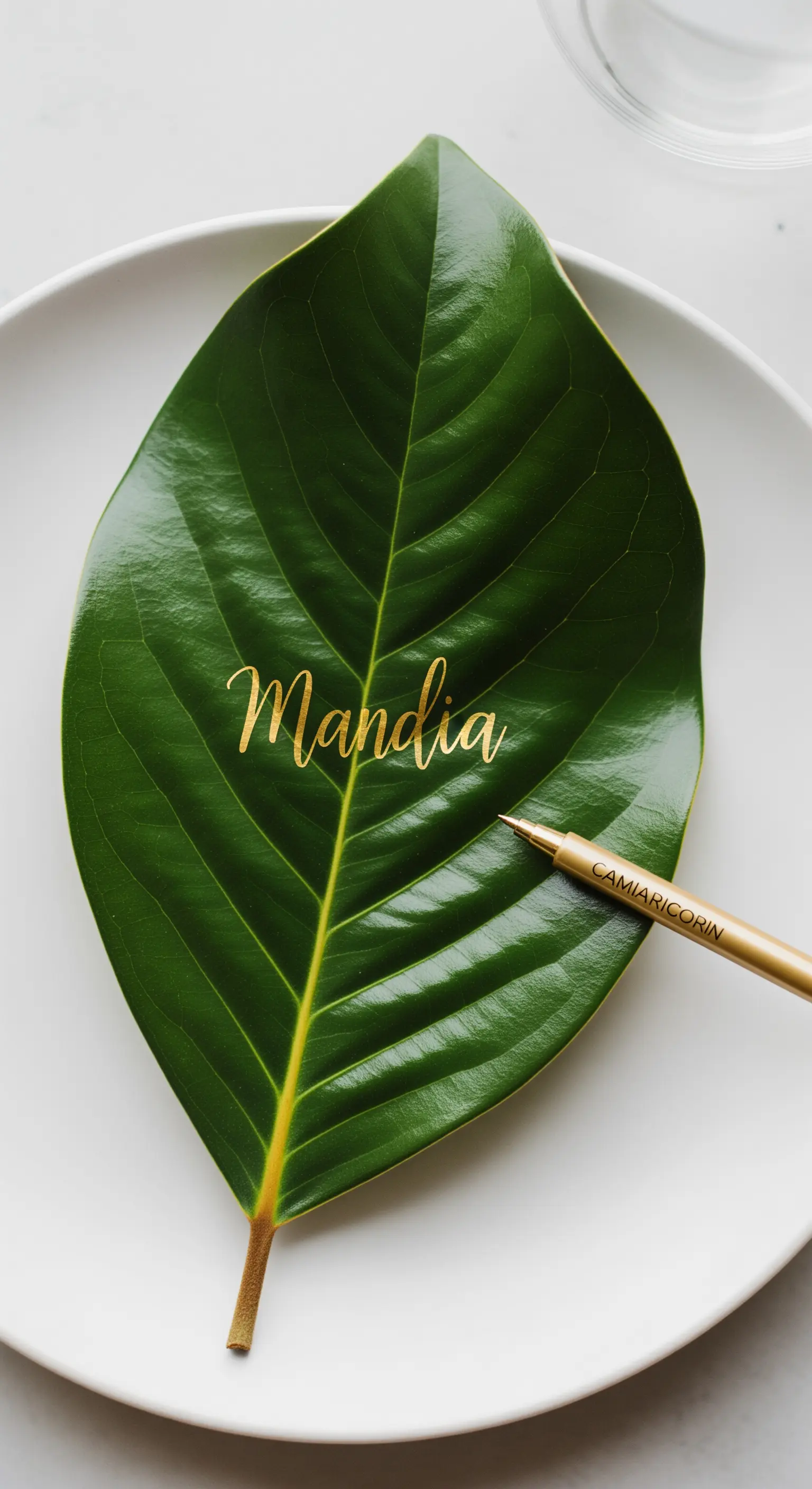 Grande foglia verde di magnolia con nome scritto in oro calligrafico.