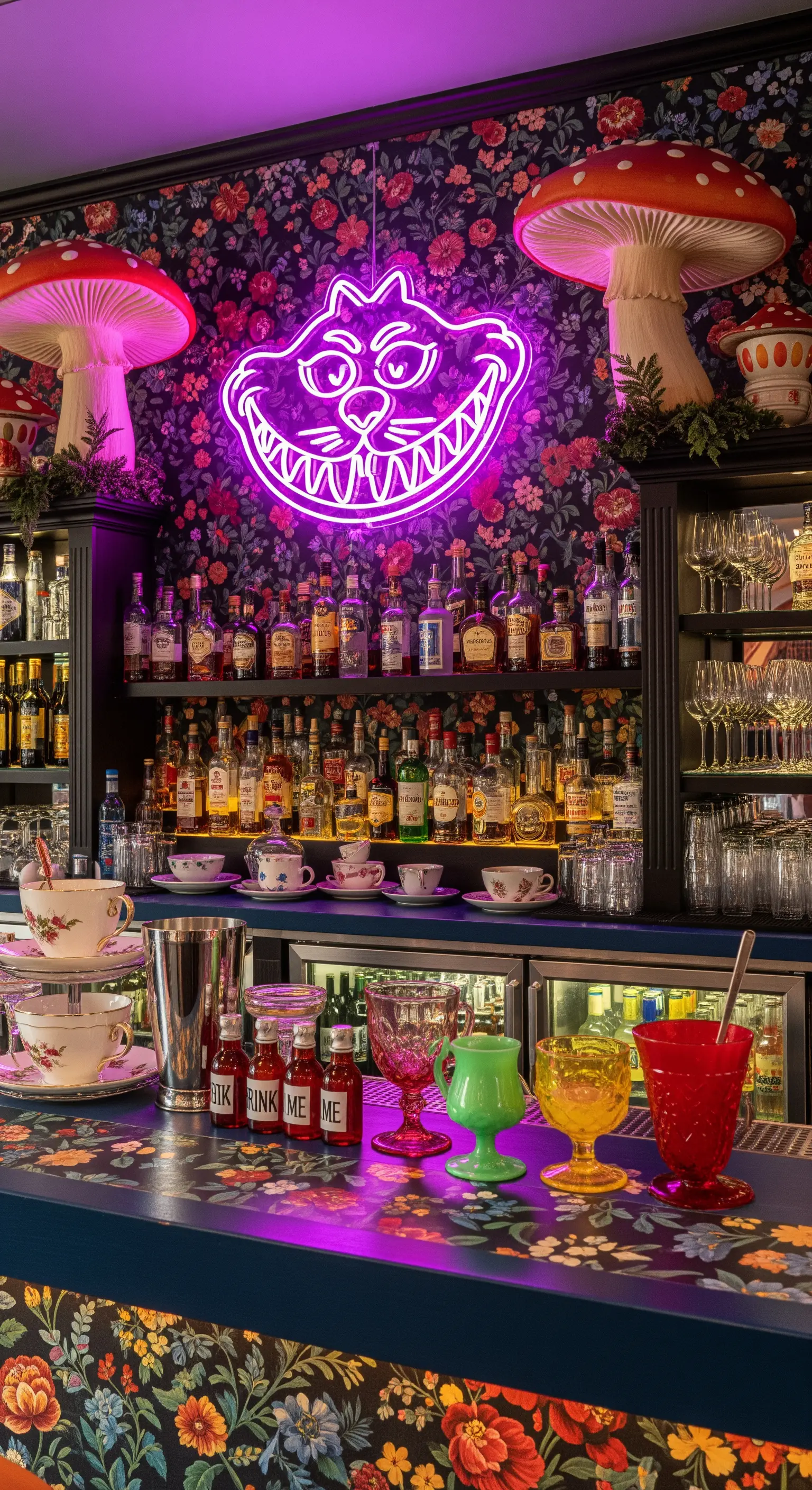Bar a tema “Alice nel Paese delle Meraviglie” con neon dello Stregatto e carta da parati floreale.