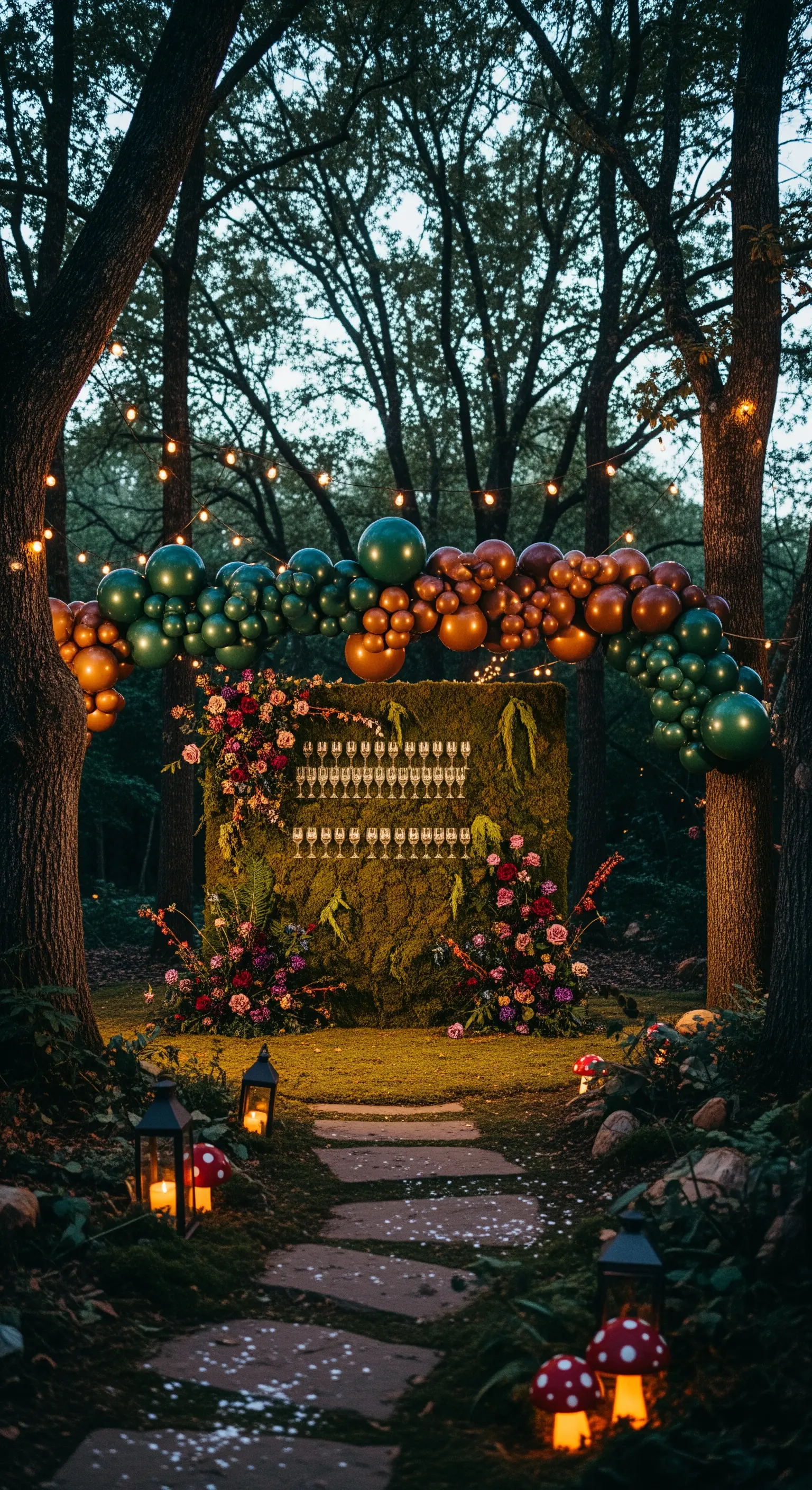 Champagne wall di muschio in un bosco, con palloncini verdi e rame e lanterne.