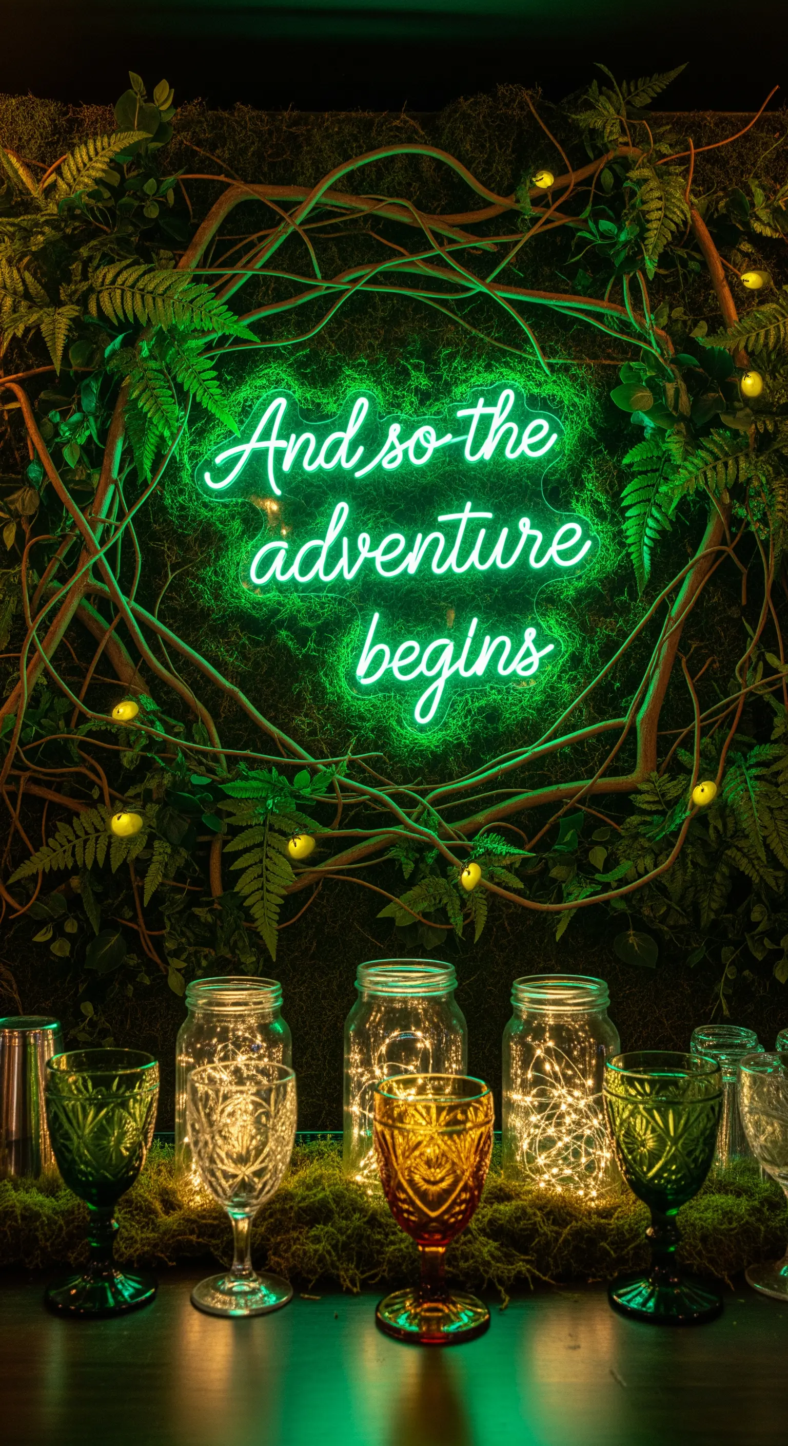 Neon verde “And so the adventure begins” circondato da rami, felci e barattoli luminosi.