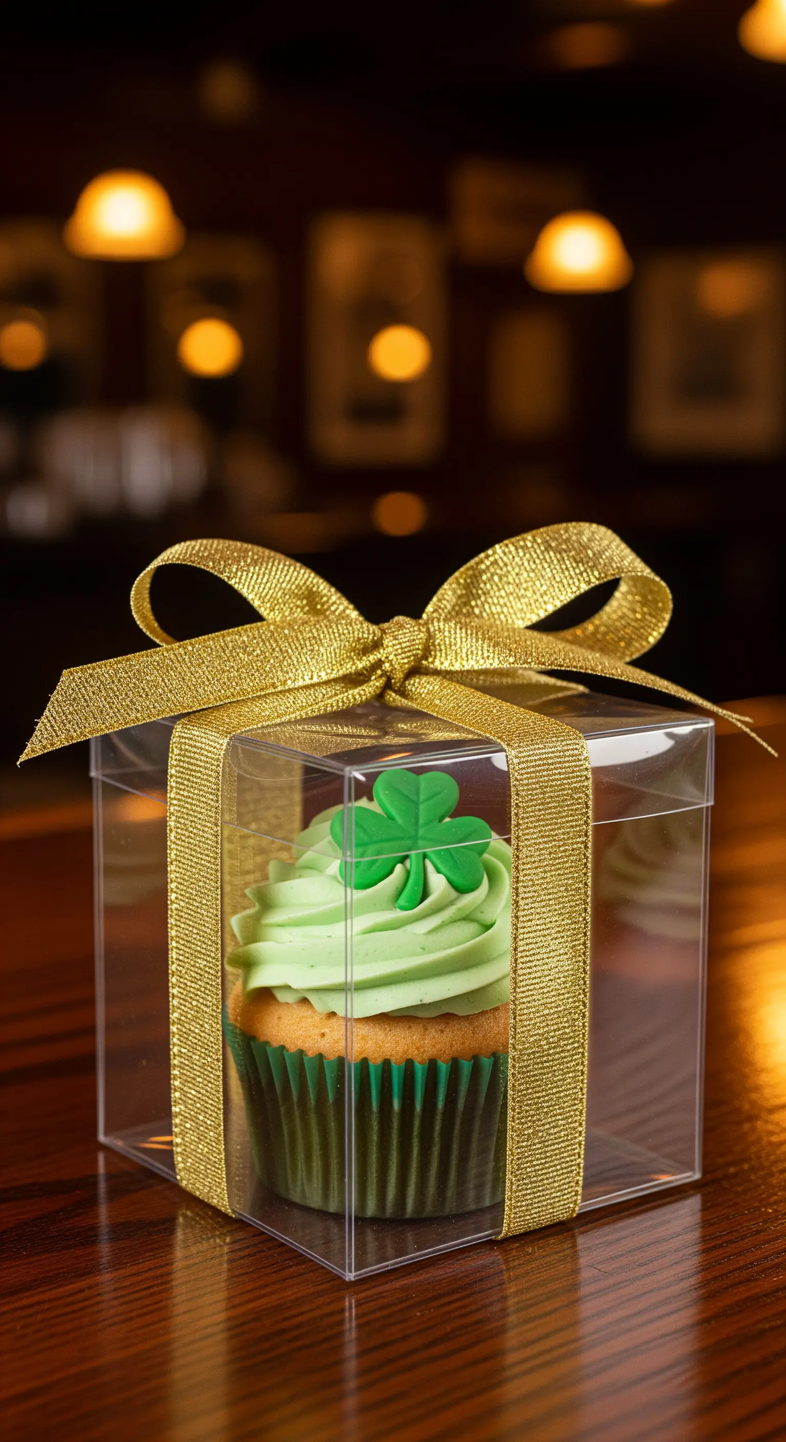 Cupcake verde per San Patrizio con quadrifoglio, confezionato con un nastro dorato glitterato.