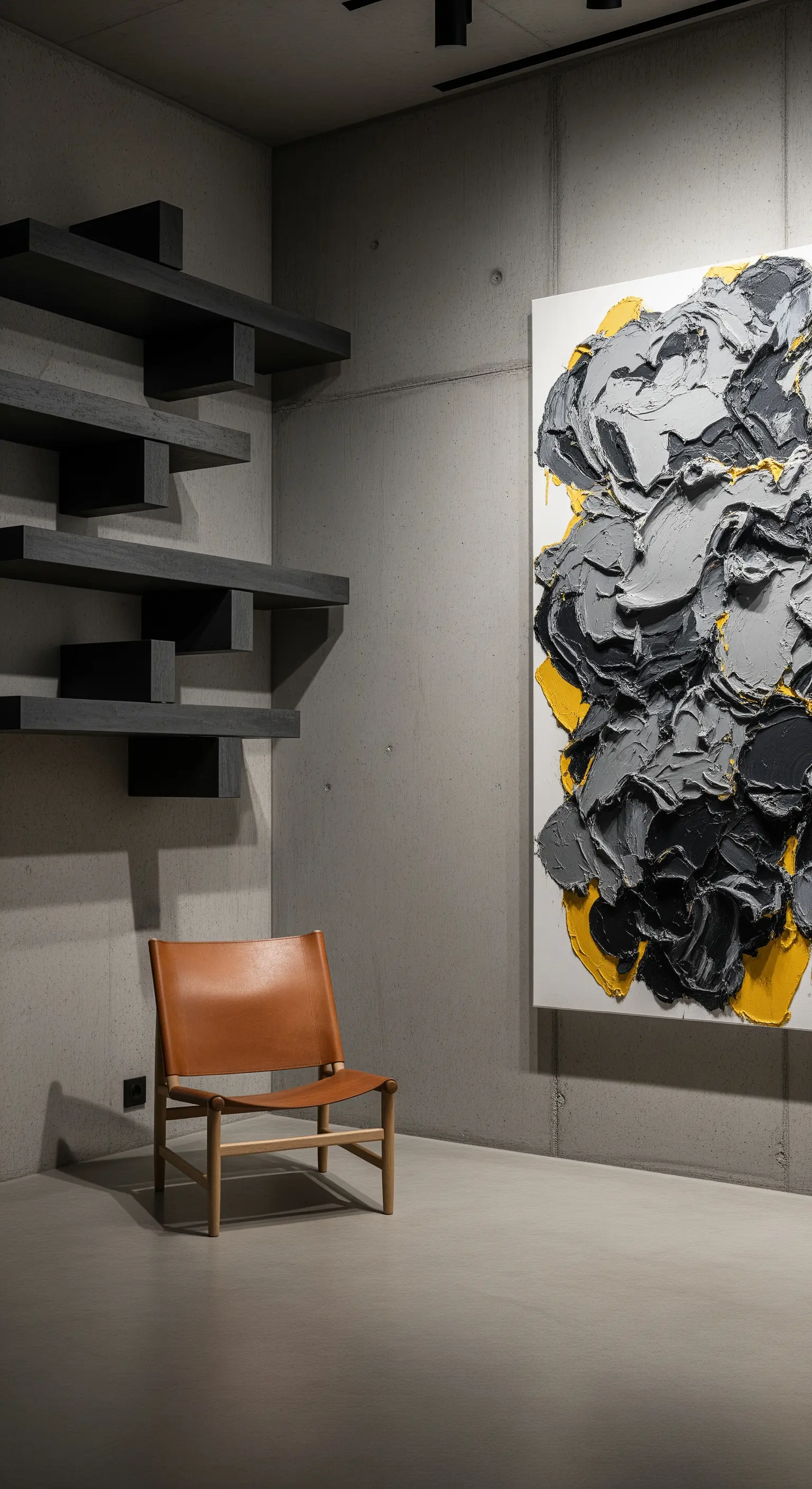 Pareti in cemento con mensole nere a sbalzo, quadro materico grigio e giallo e sedia in pelle.