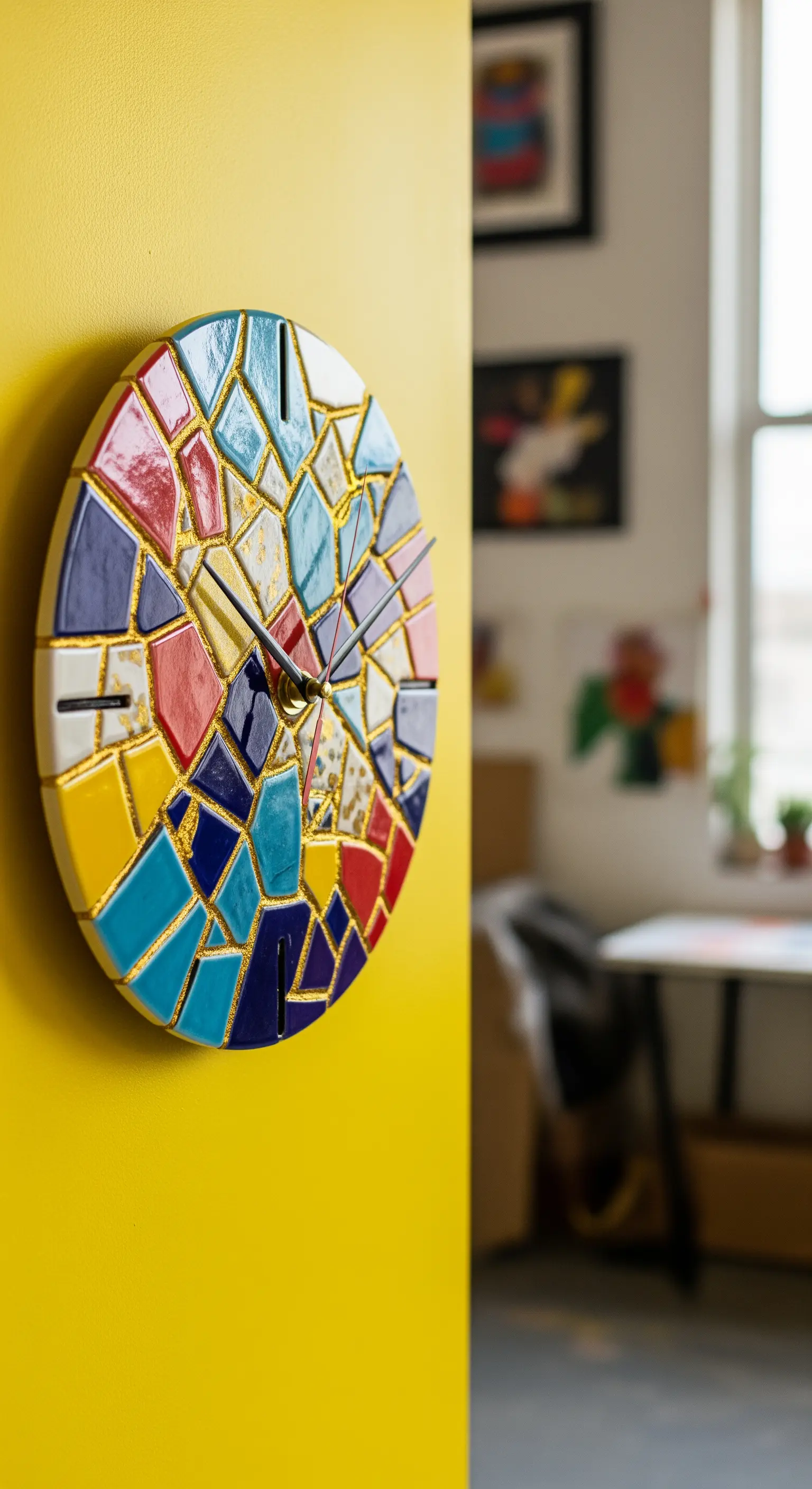 Orologio da parete rotondo decorato con un mosaico di piastrelle colorate e fughe dorate.