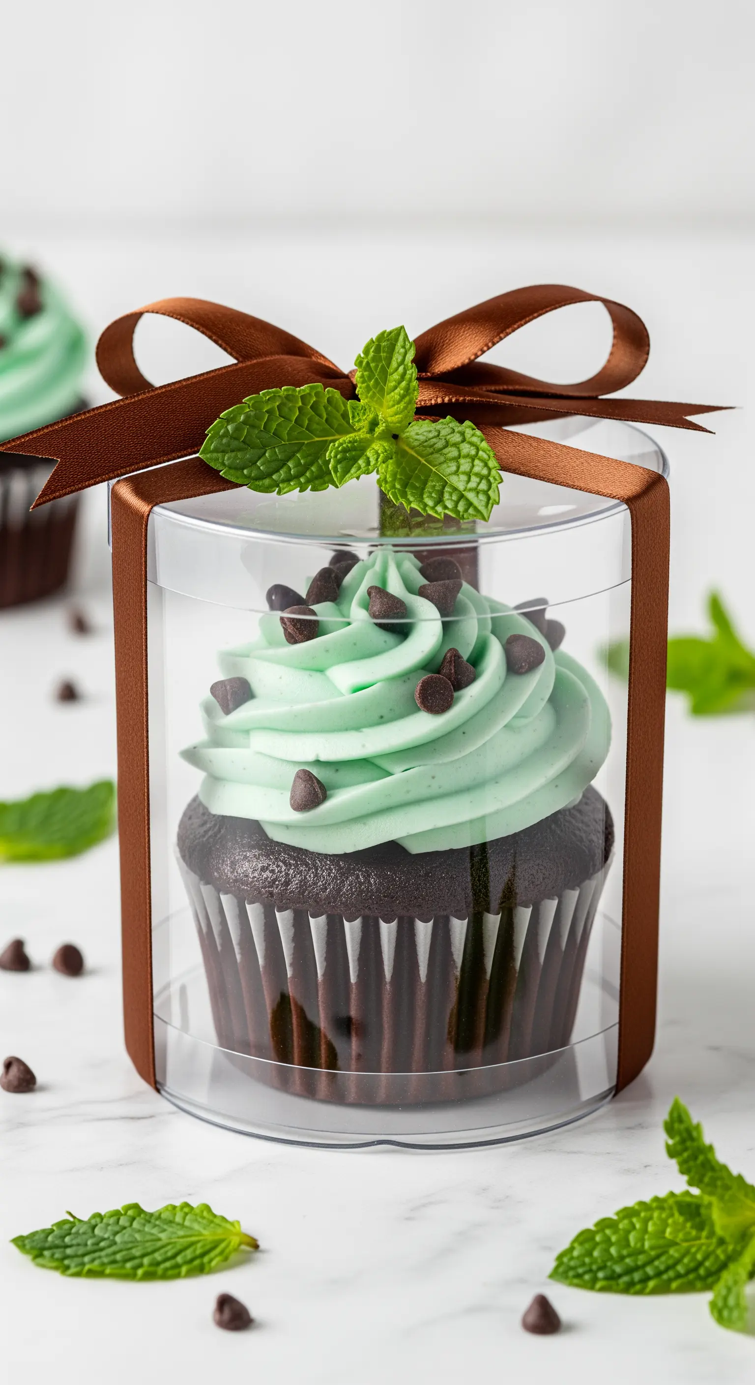Cupcake alla menta e cioccolato in scatola cilindrica con nastro marrone e menta fresca.