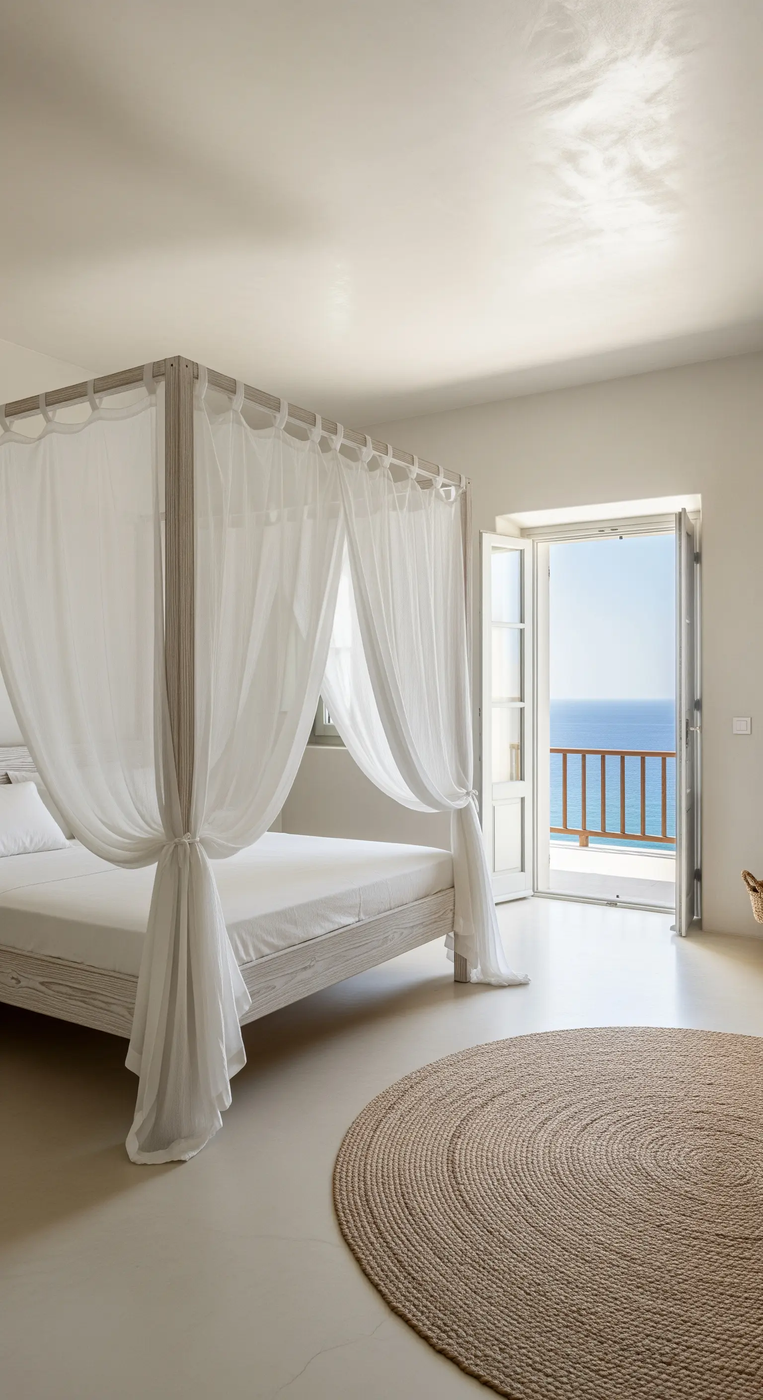 Camera da letto bianca con letto a baldacchino, tende leggere e vista sul mare.