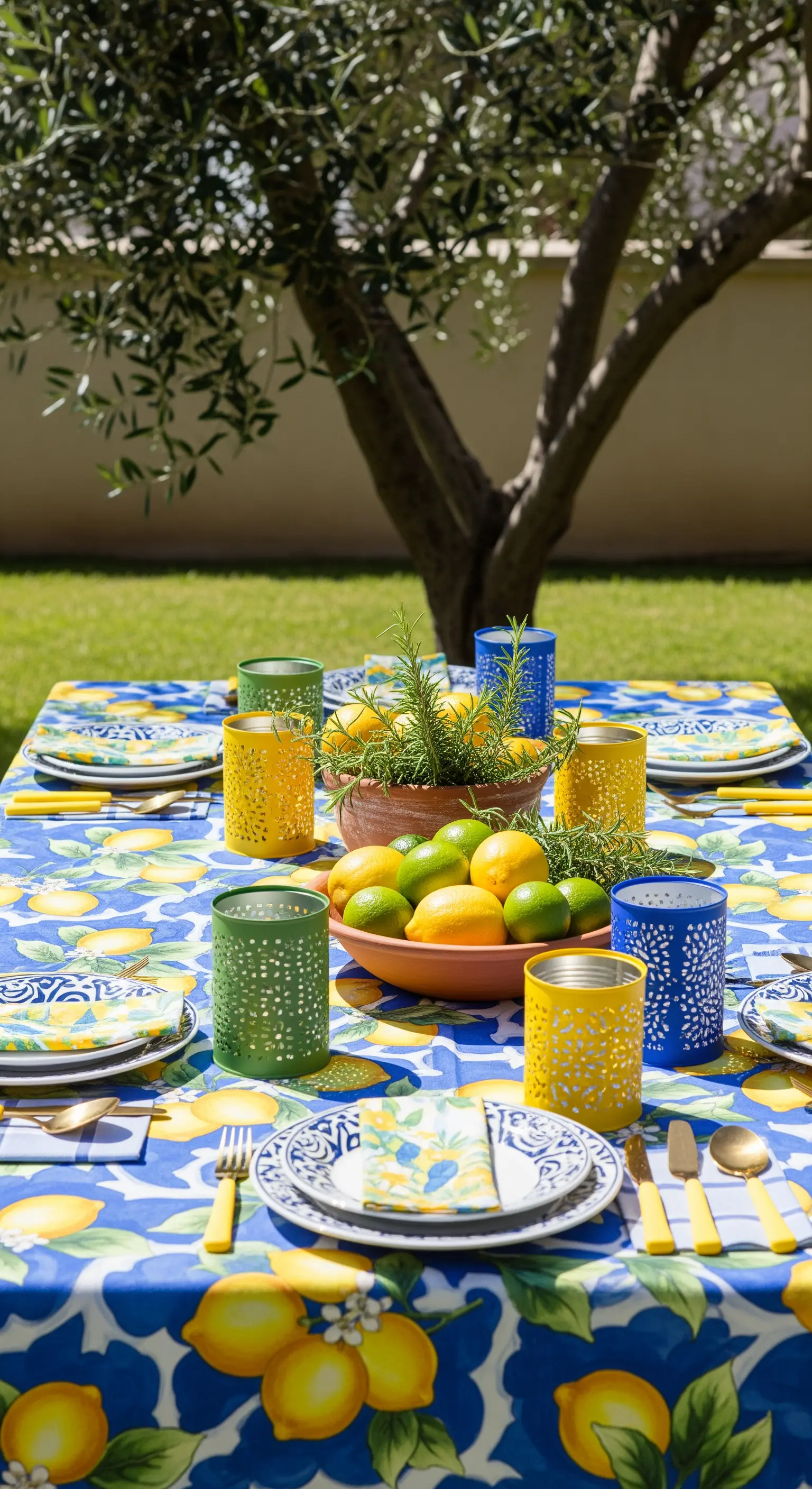 Tavola estiva con tovaglia a limoni, ceramiche decorate e agrumi freschi.