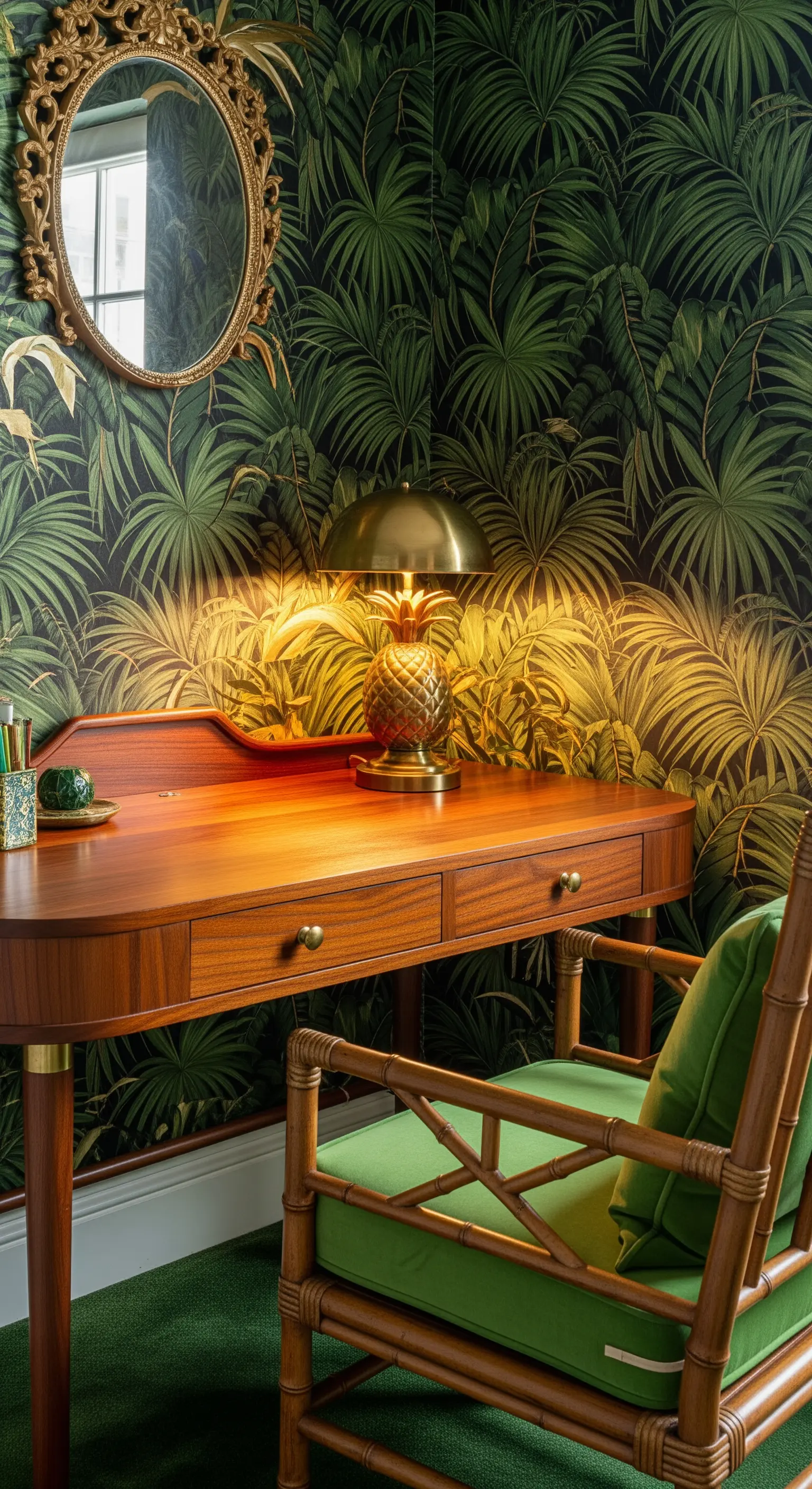 Scrivania con carta da parati a tema tropicale e lampada-ananas in ottone.
