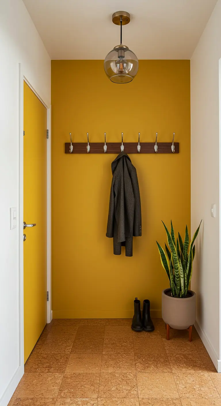 Parete giallo senape con un lungo appendiabiti in legno e pavimento in sughero.