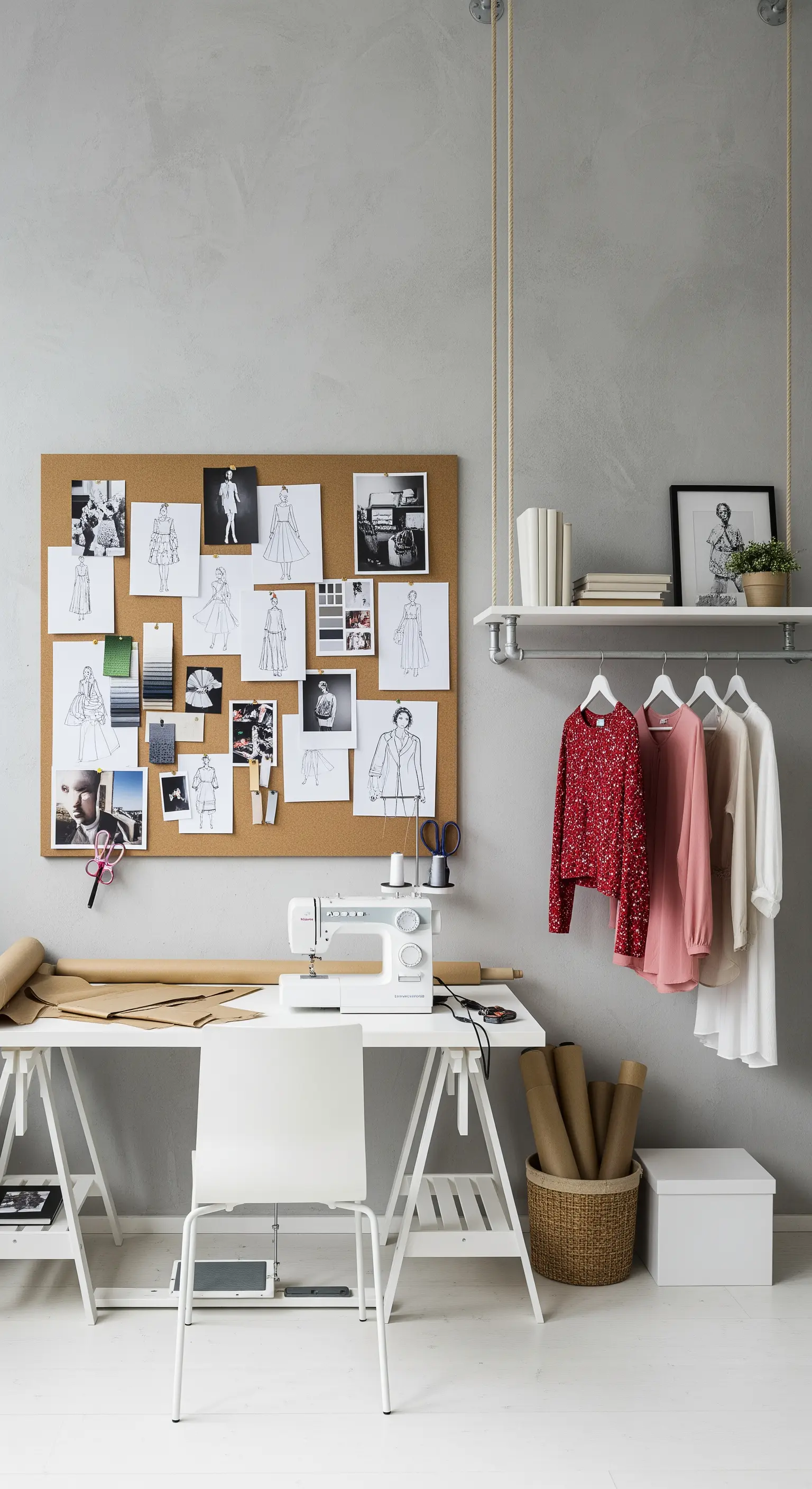 Atelier di moda con scrivania su cavalletti, moodboard in sughero e mensola con appendiabiti.