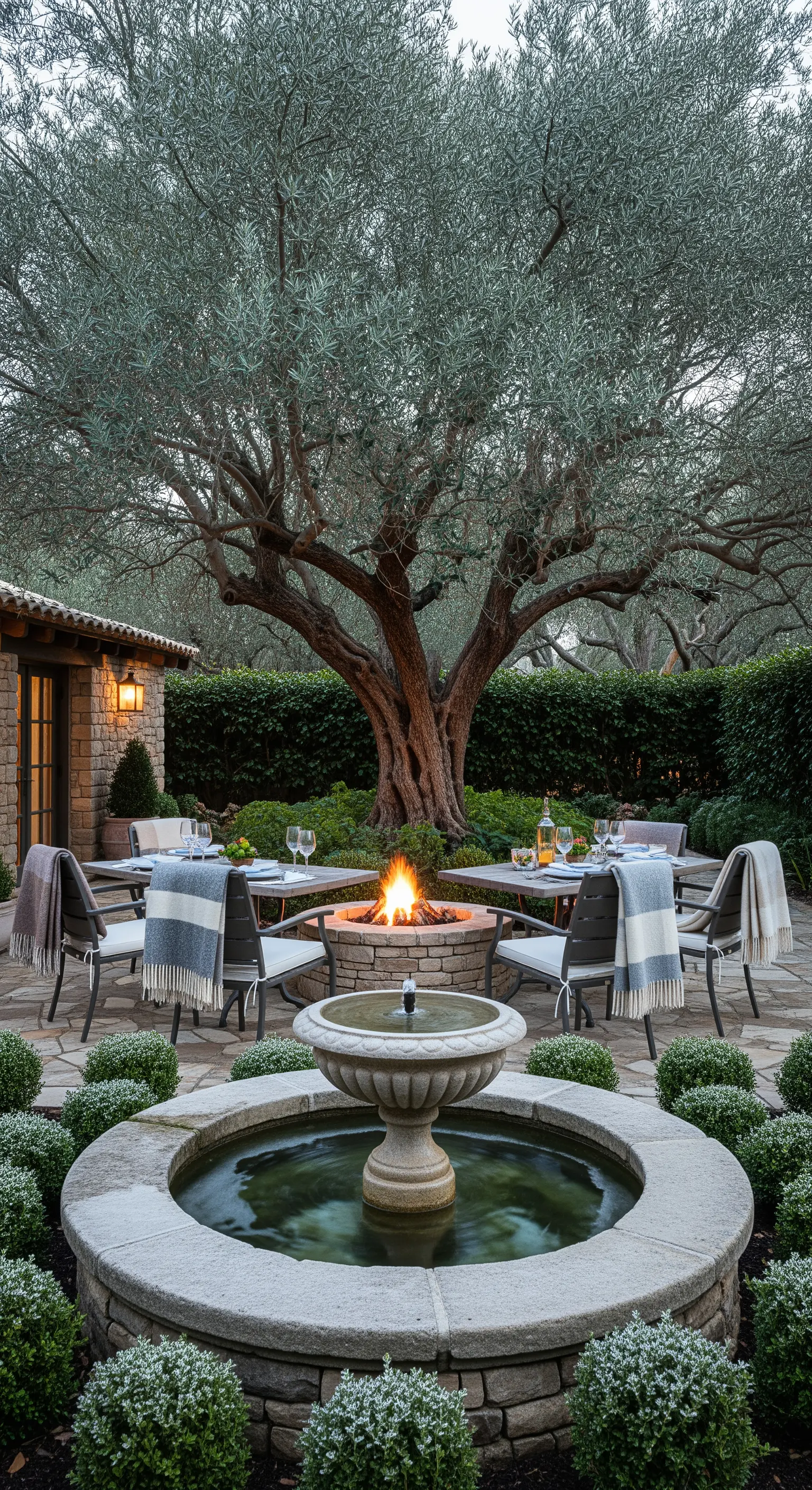 Tavolo da pranzo attorno a un braciere-fontana in un patio elegante con un ulivo.