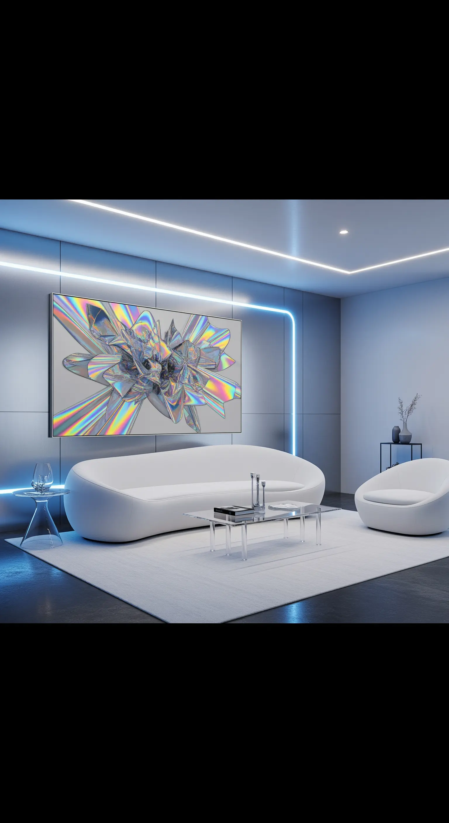Soggiorno futuristico con illuminazione a LED e un quadro astratto dalla finitura cangiante.