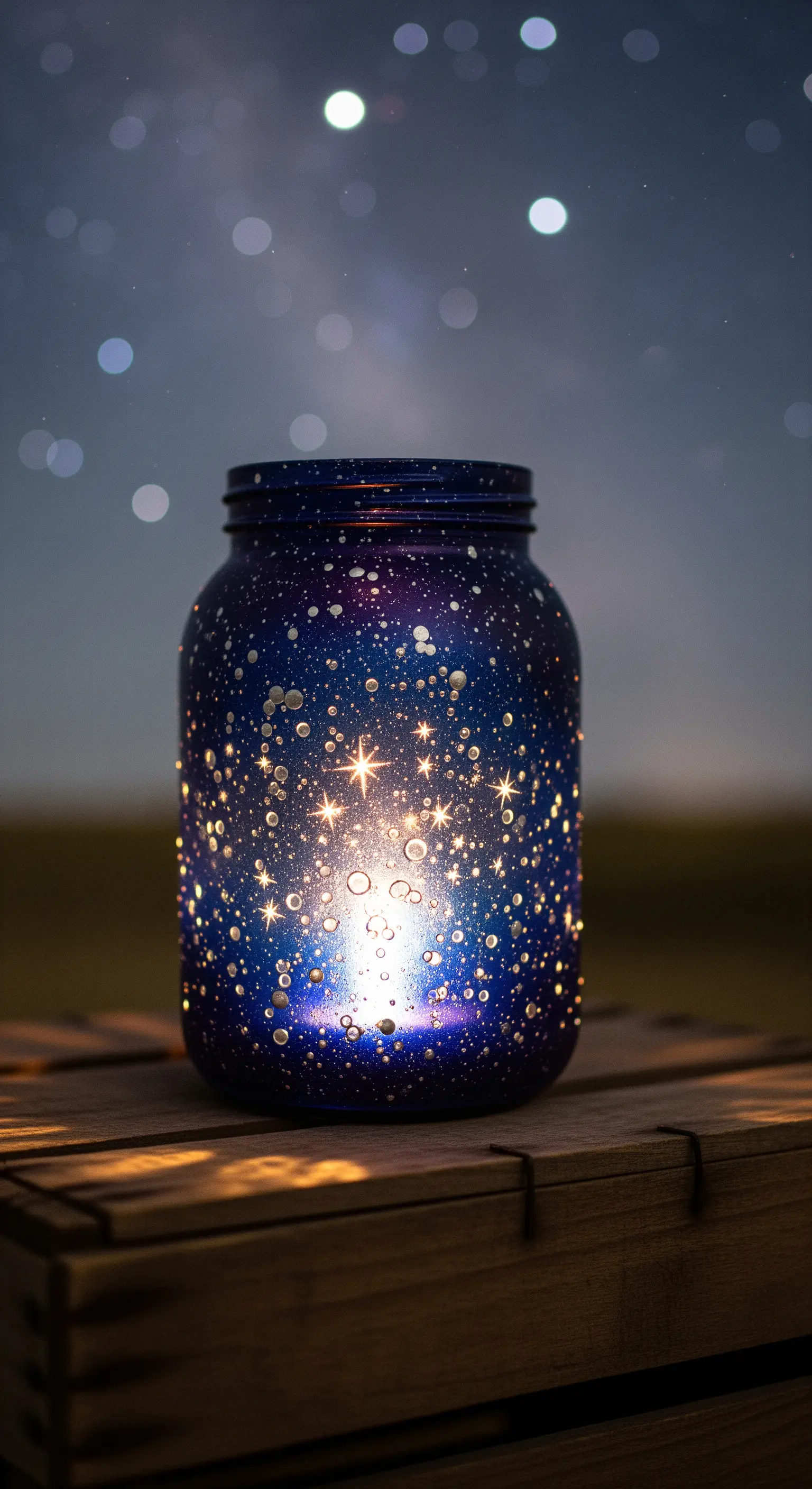 Barattolo dipinto come una galassia blu con stelle scintillanti e una luce interna.