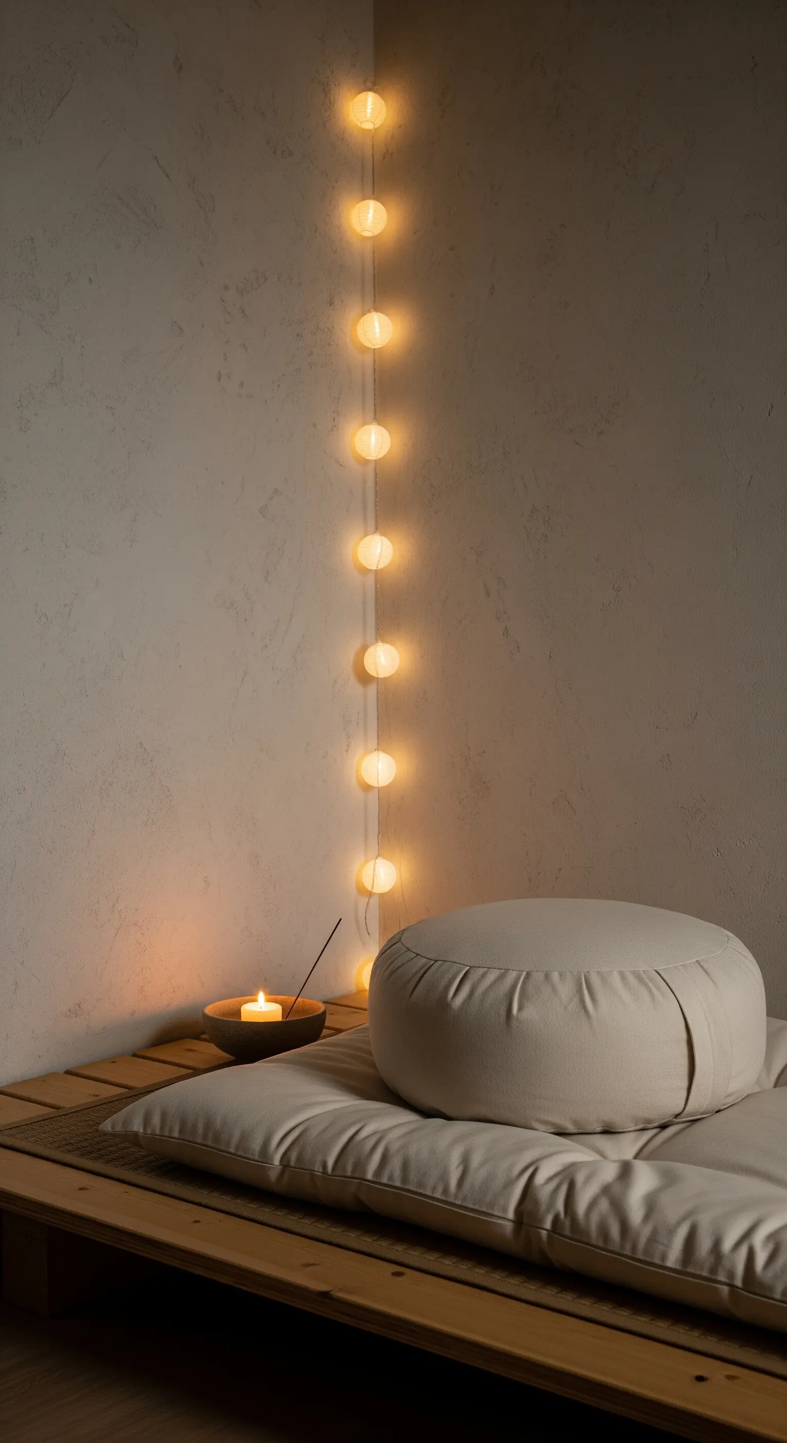 Angolo meditazione minimalista con cuscino zafu e una linea verticale di luci sferiche.