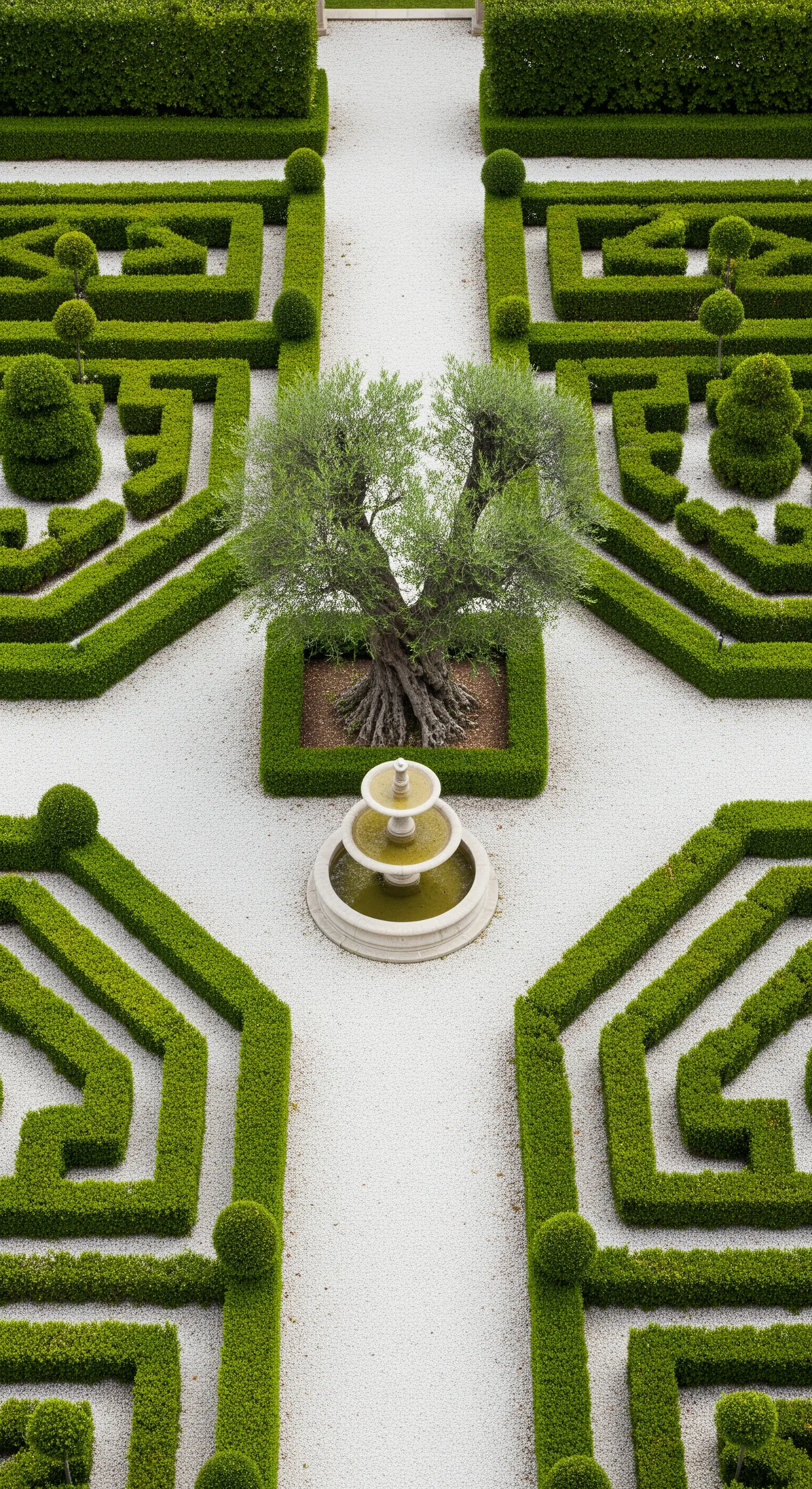 Giardino formale con siepi geometriche, un ulivo e una fontana al centro.