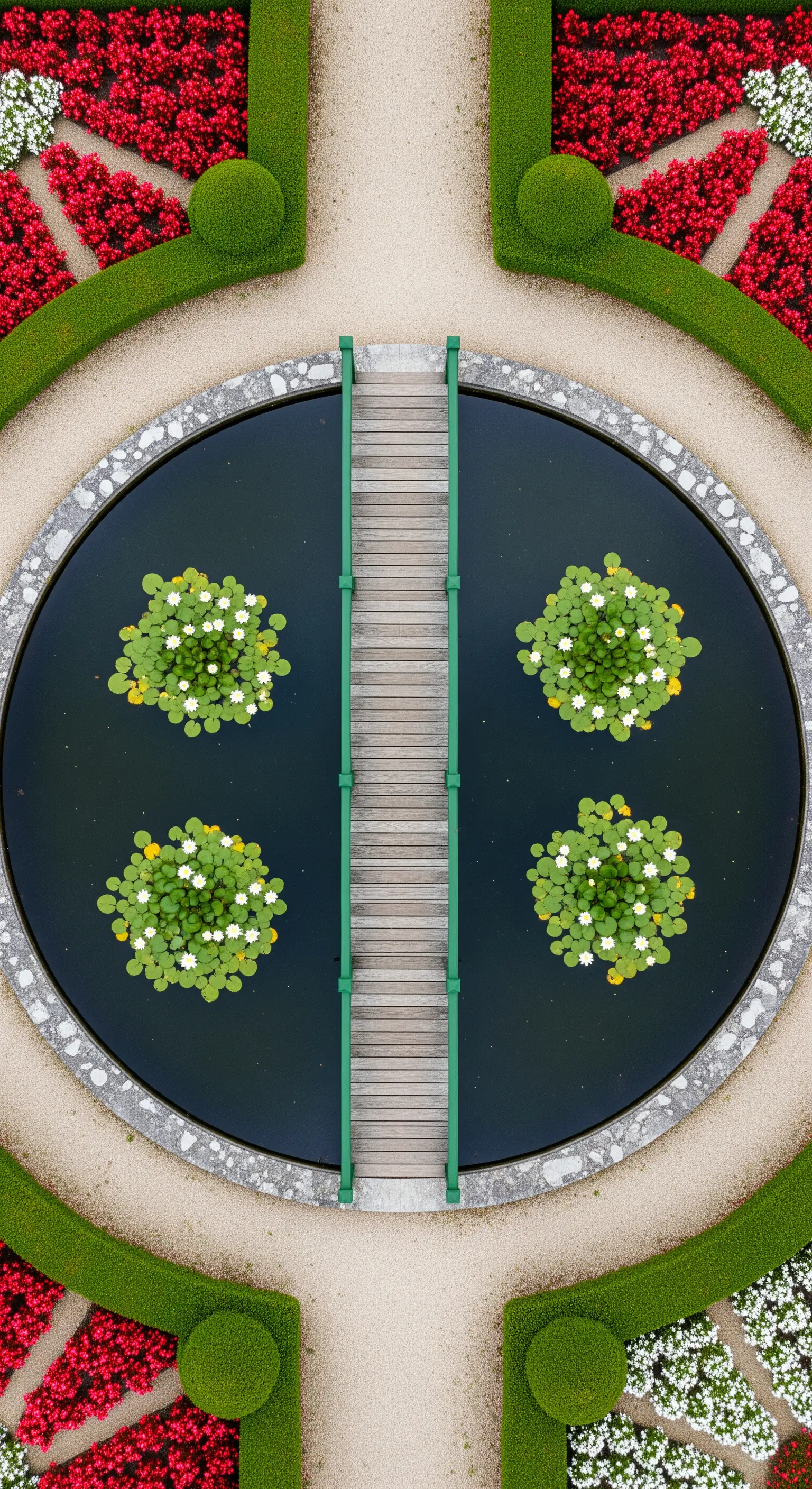 Vista aerea di un laghetto circolare con ponte verde e aiuole geometriche rosse
