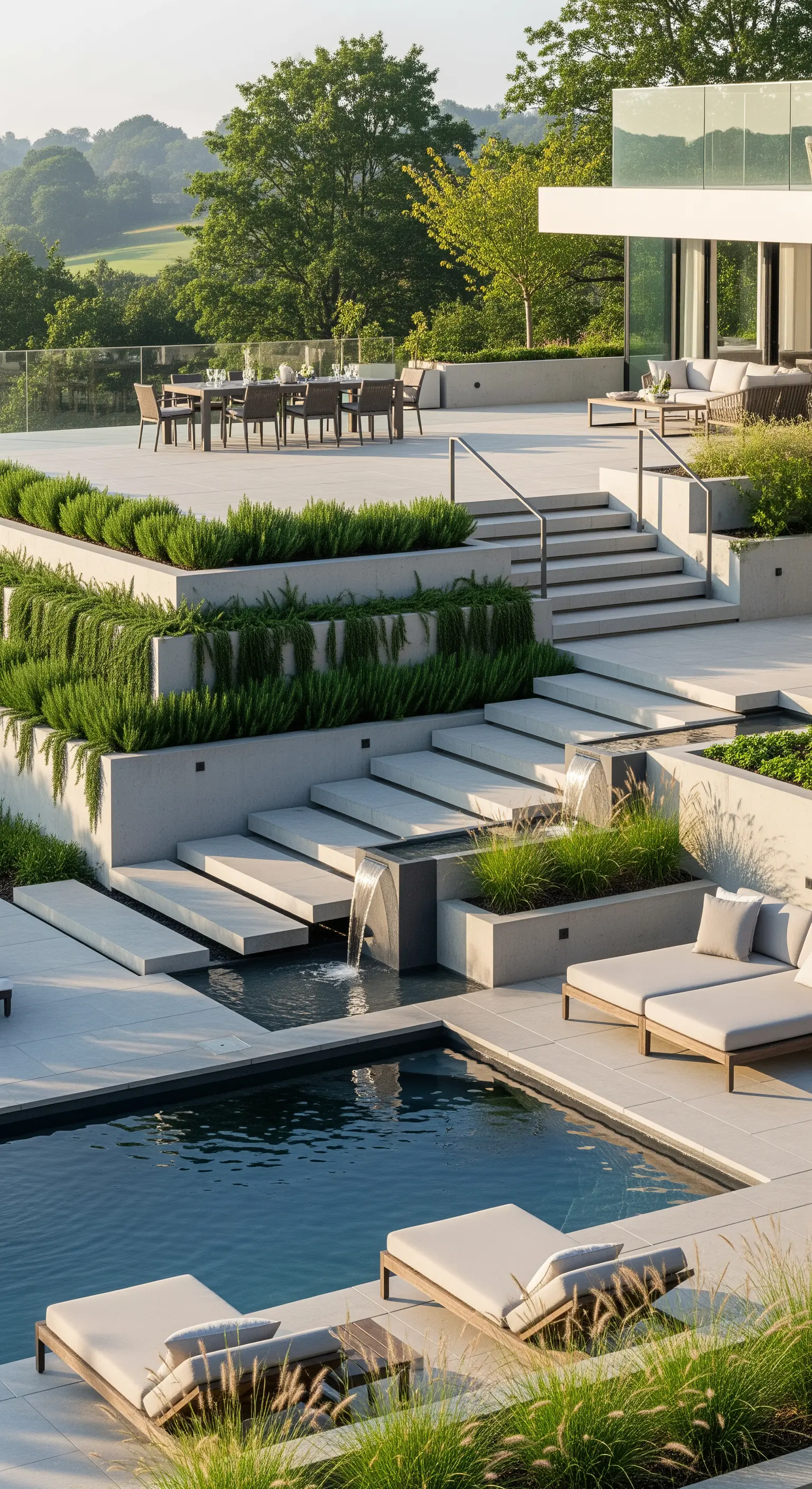 Giardino moderno terrazzato con cascate d'acqua, gradoni in cemento e vegetazione ricadente