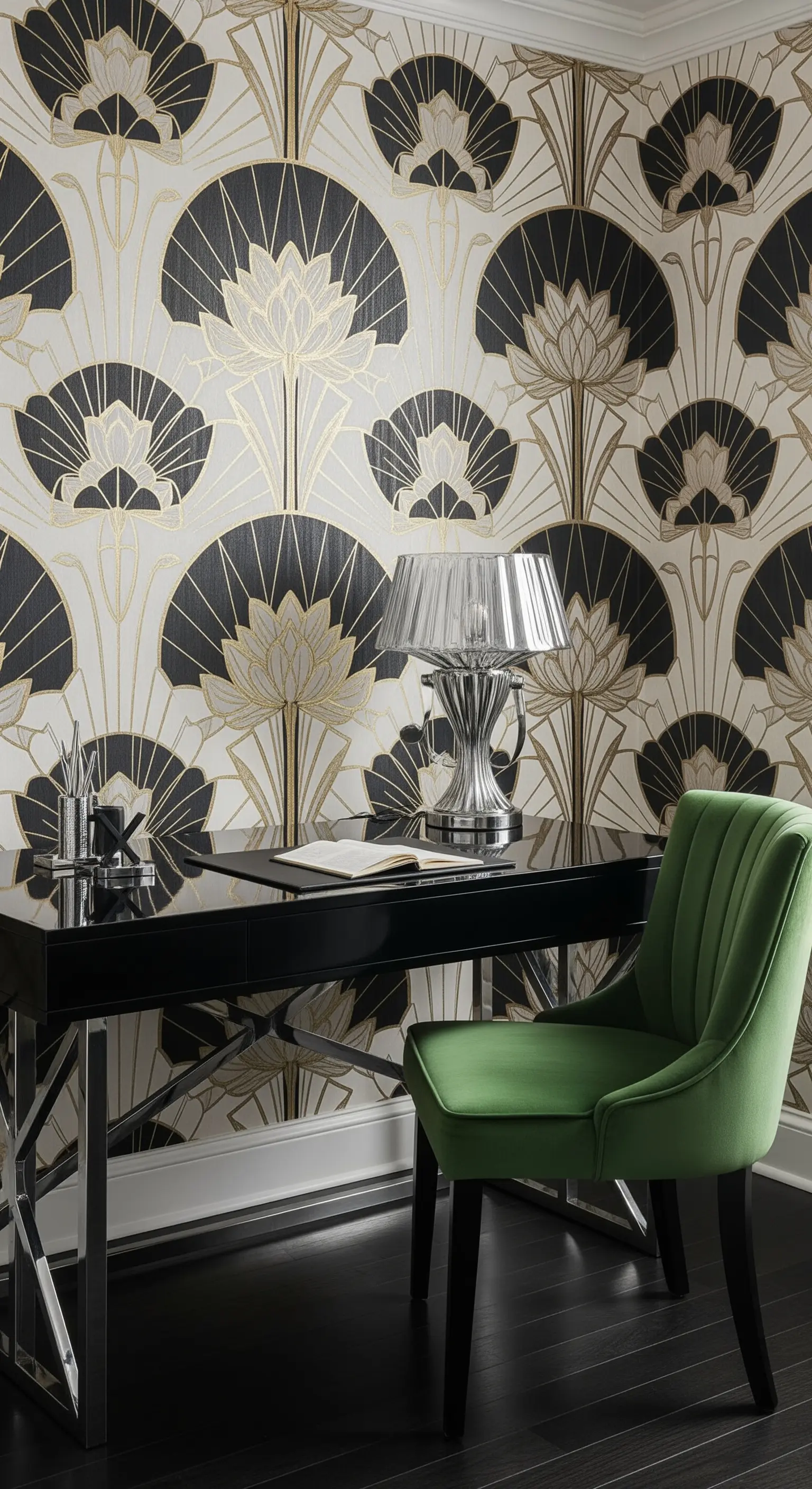 Scrivania laccata nera con sedia in velluto verde e carta da parati in stile Art Déco.