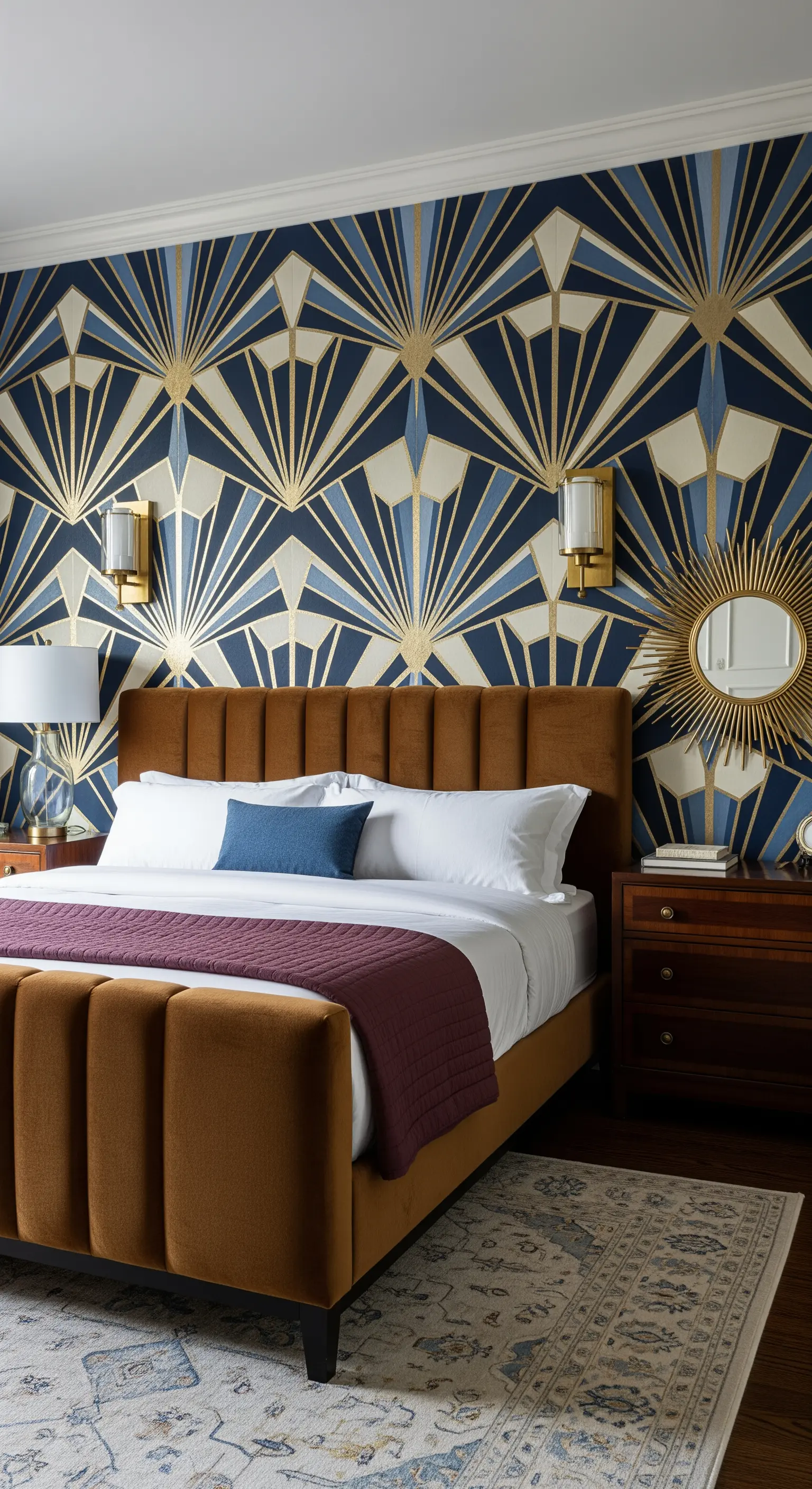 Camera da letto con carta da parati Art Déco blu, oro e bianca e un letto in velluto ocra.