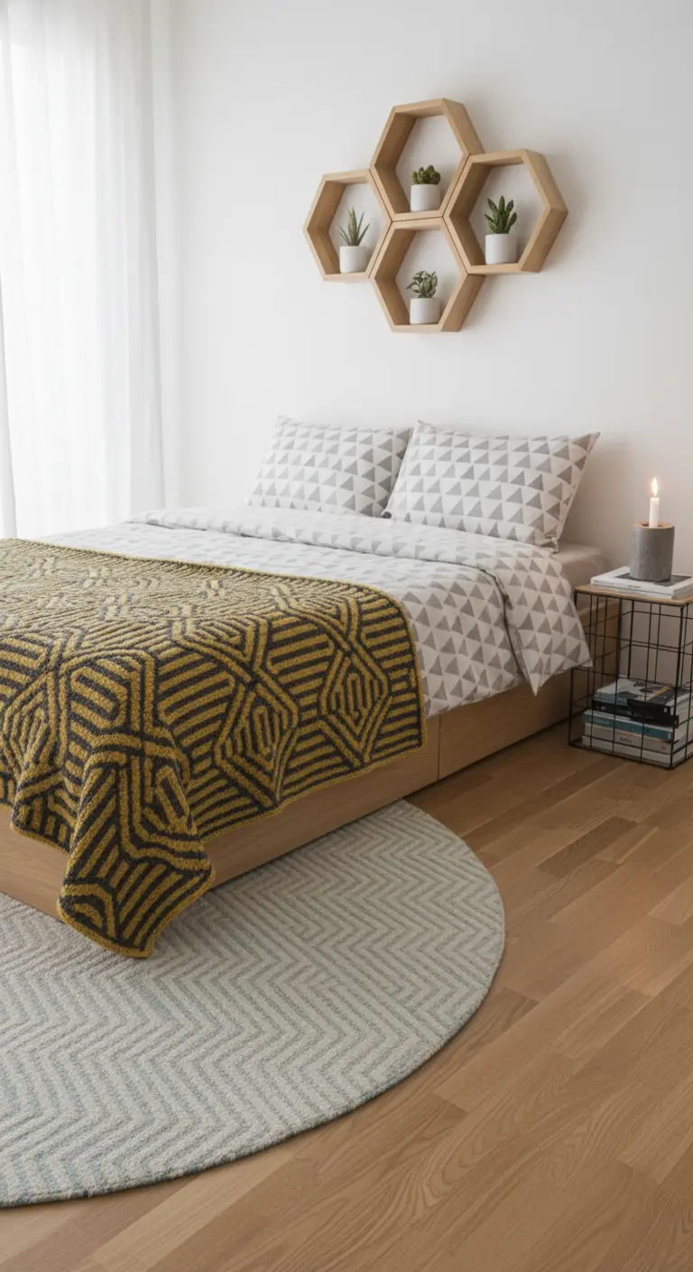 Letto con coperta a motivi geometrici gialli e neri e mensole esagonali a parete.