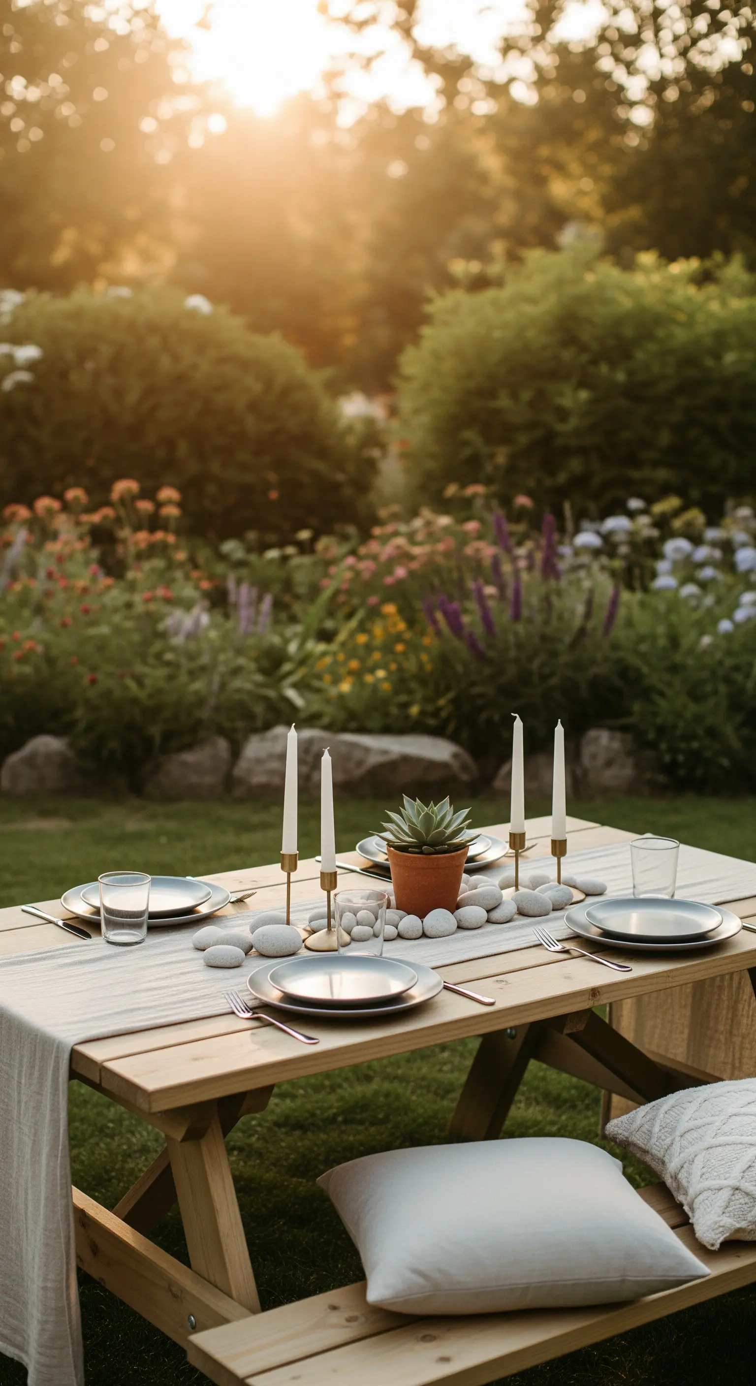 Tavolo da picnic in giardino con candele alte, sassi e una pianta grassa