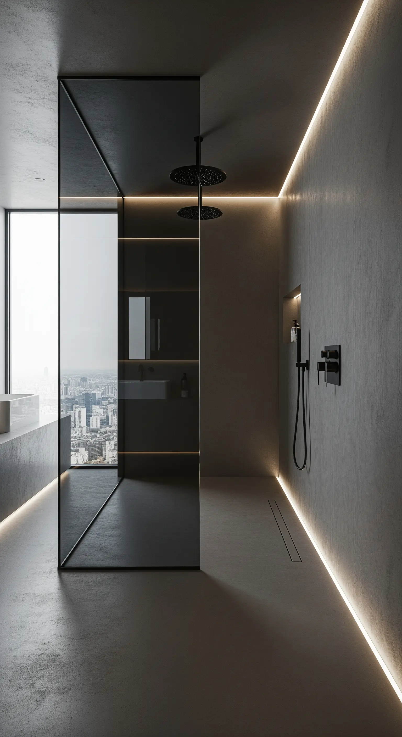 Bagno scuro con doccia in vetro, vista sulla città e illuminazione a LED integrata.