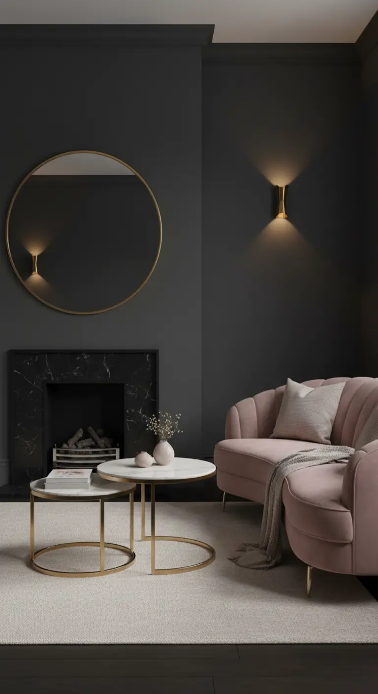Specchio rotondo dorato su parete grigio scuro, con divano rosa e tavolini abbinati.