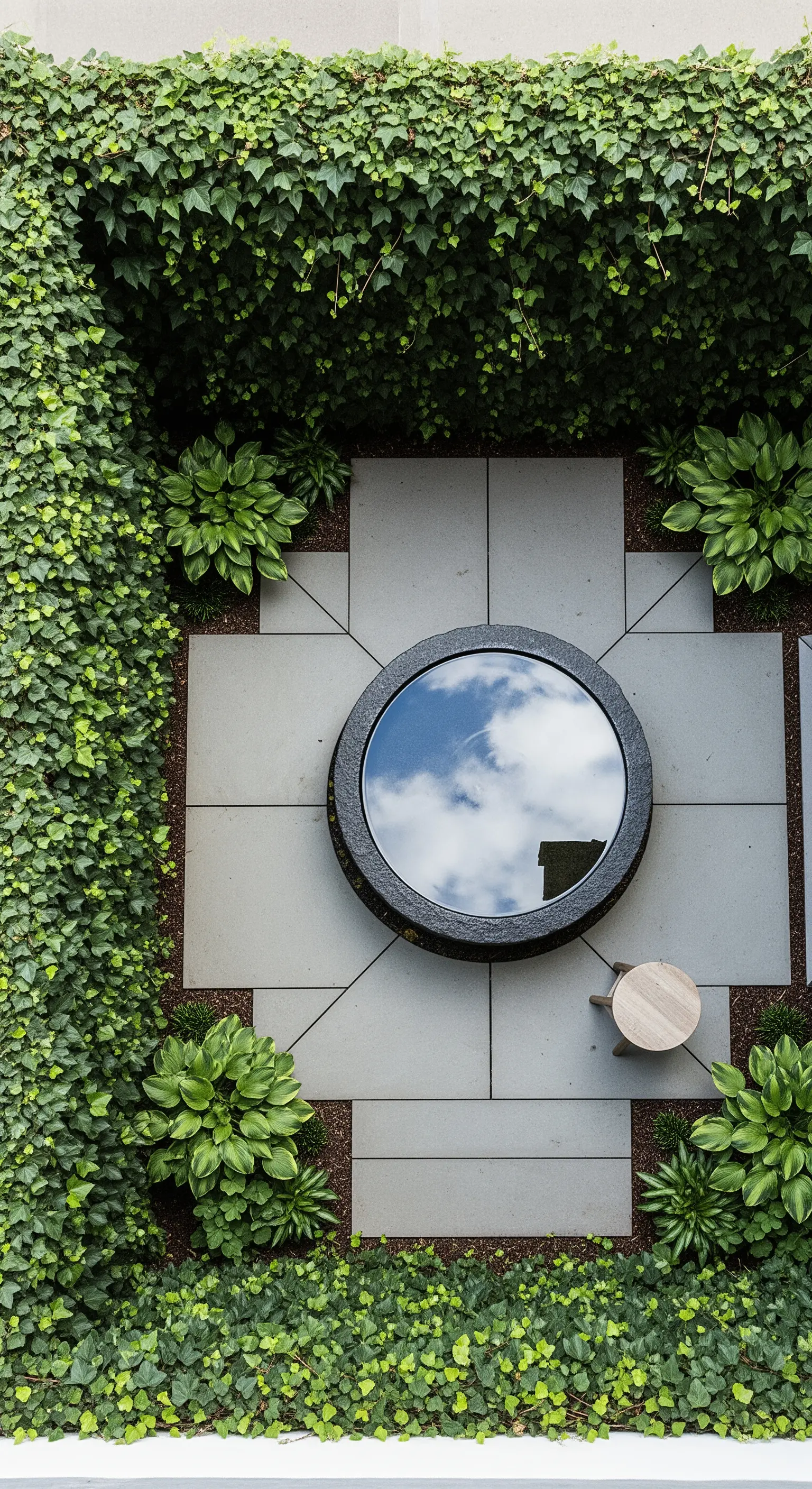 Vista dall'alto di un cortile minimalista con specchio d'acqua circolare che riflette il cielo.