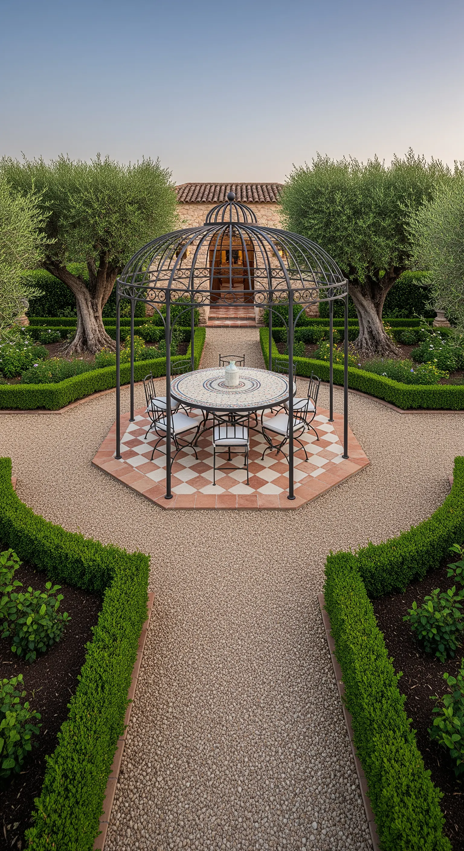 Gazebo in ferro battuto con tavolo rotondo al centro di un giardino geometrico con siepi.