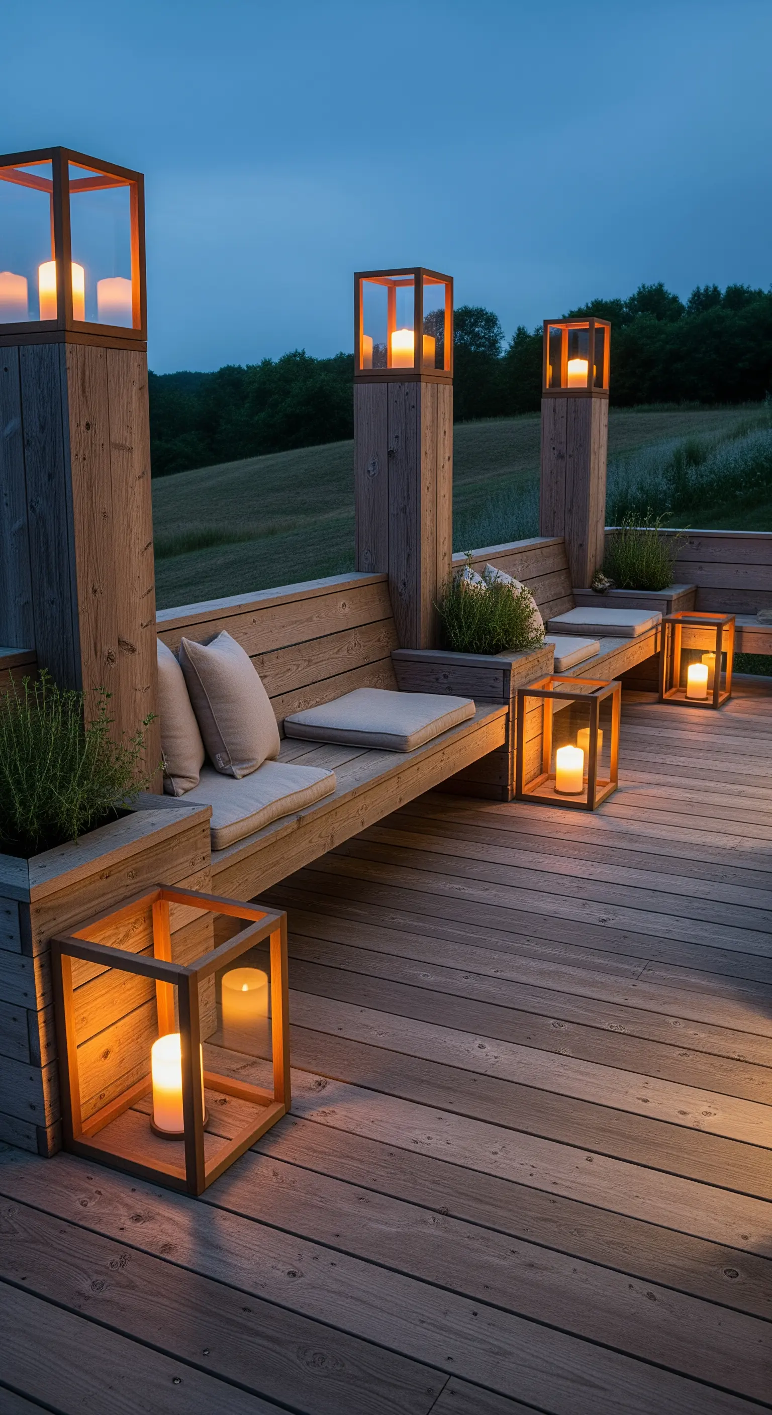 Panca in legno su un deck con lanterne cubiche integrate nella struttura.