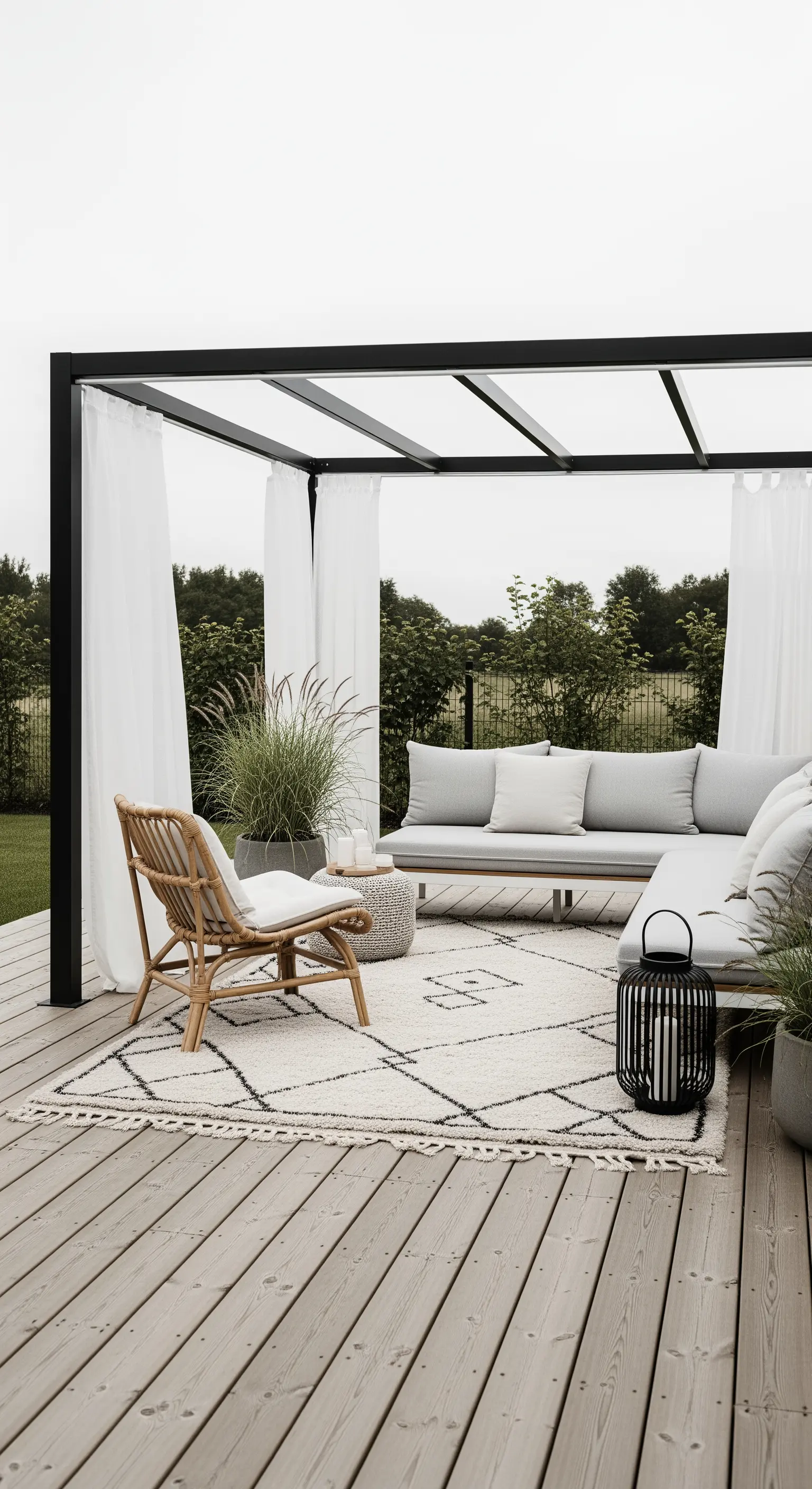 Patio minimalista con pergola nera, divano grigio, tappeto Beni Ourain e sedia in rattan.