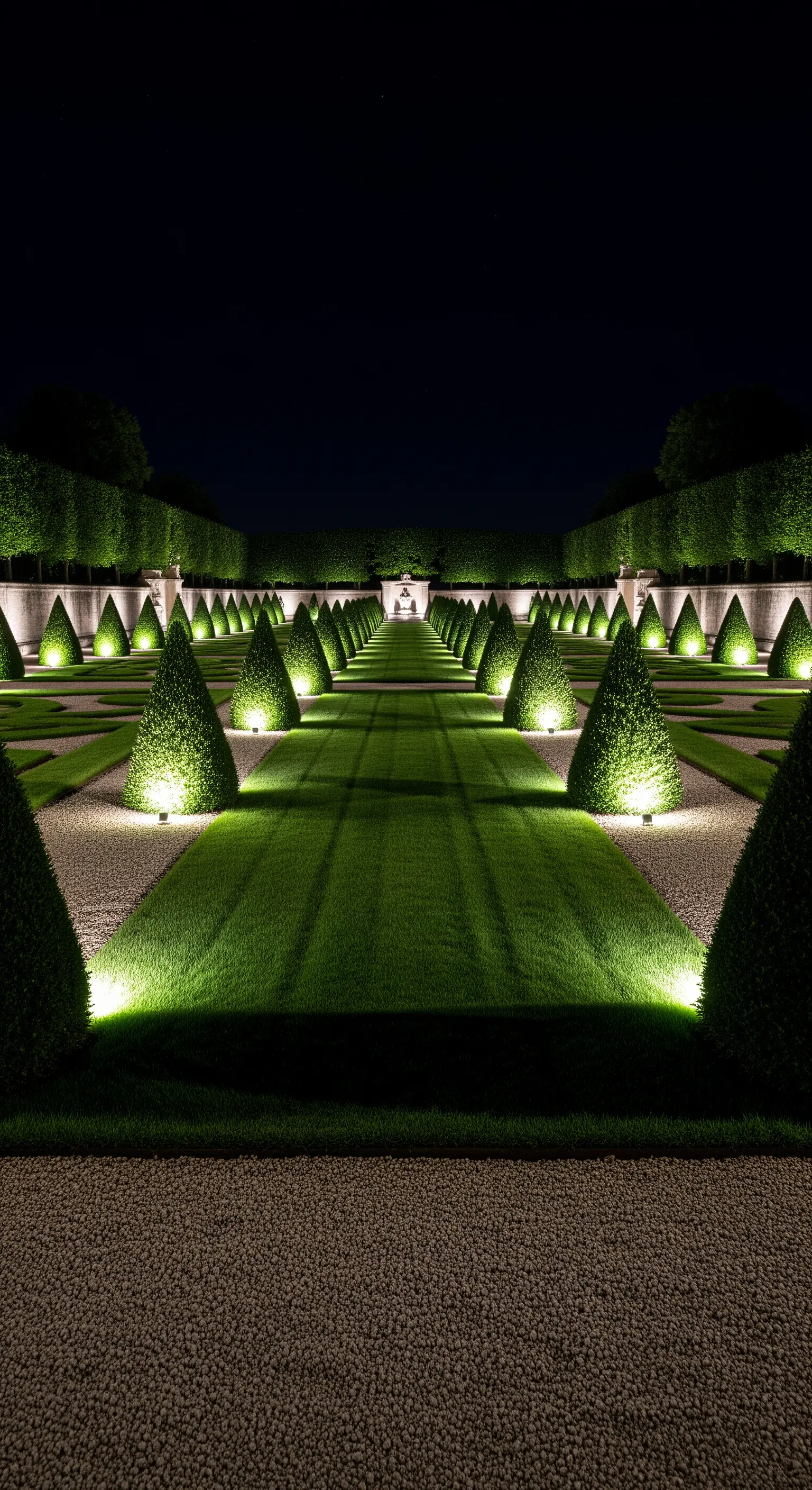 Giardino formale con siepi coniche illuminate dal basso per creare un effetto geometrico.