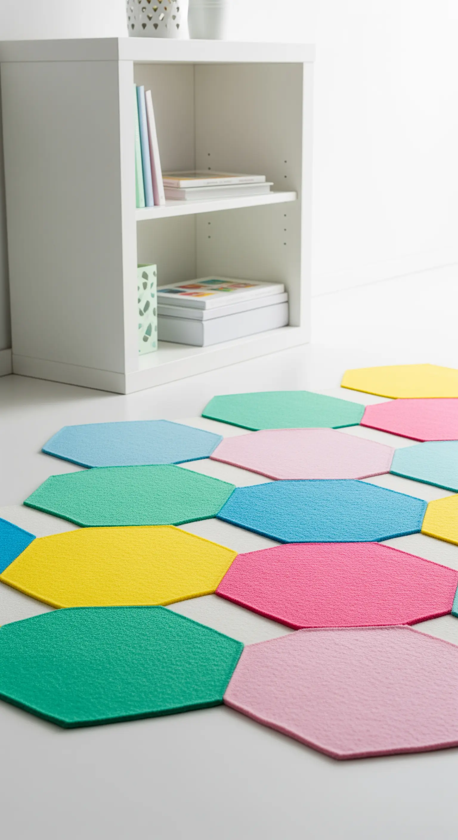 Tappeto composto da esagoni in feltro colorato in rosa, giallo, blu e verde su pavimento bianco