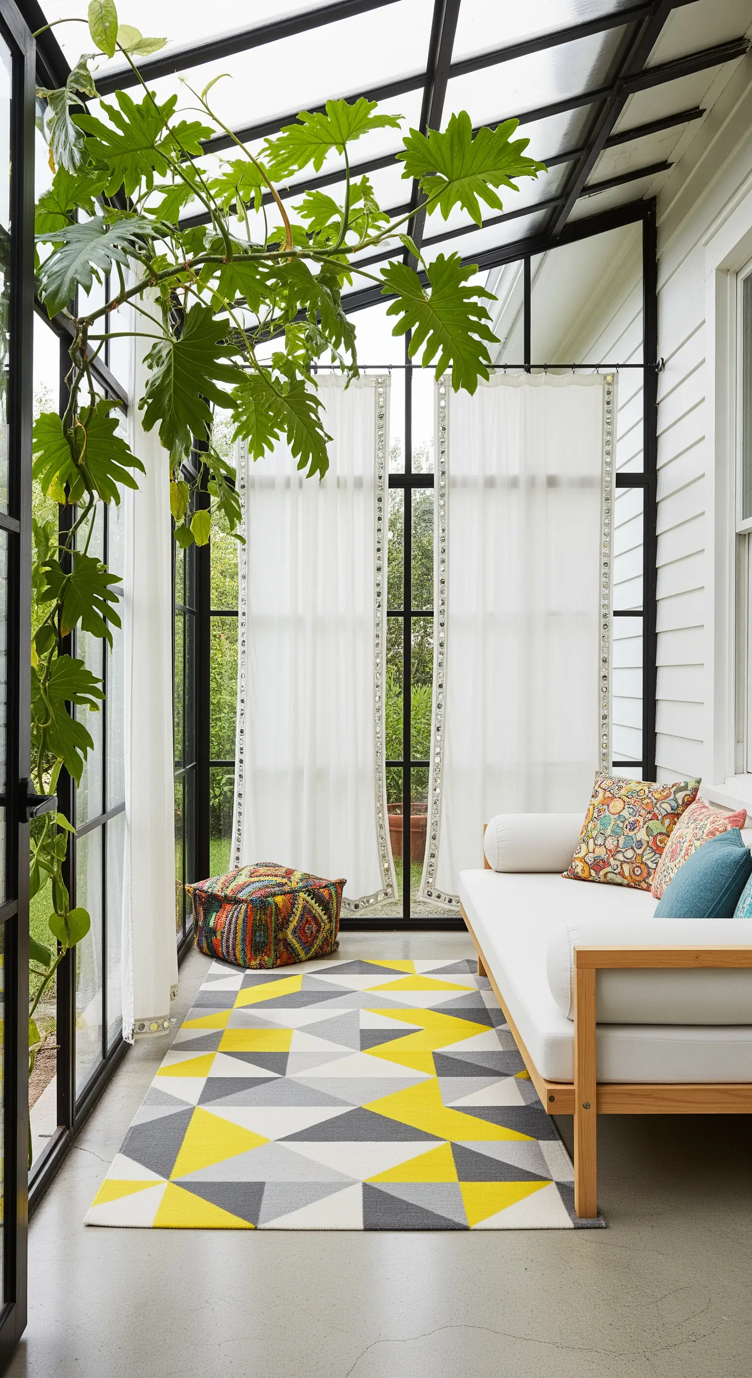 Veranda moderna con divano minimal, tappeto geometrico giallo e grigio e pouf colorato.