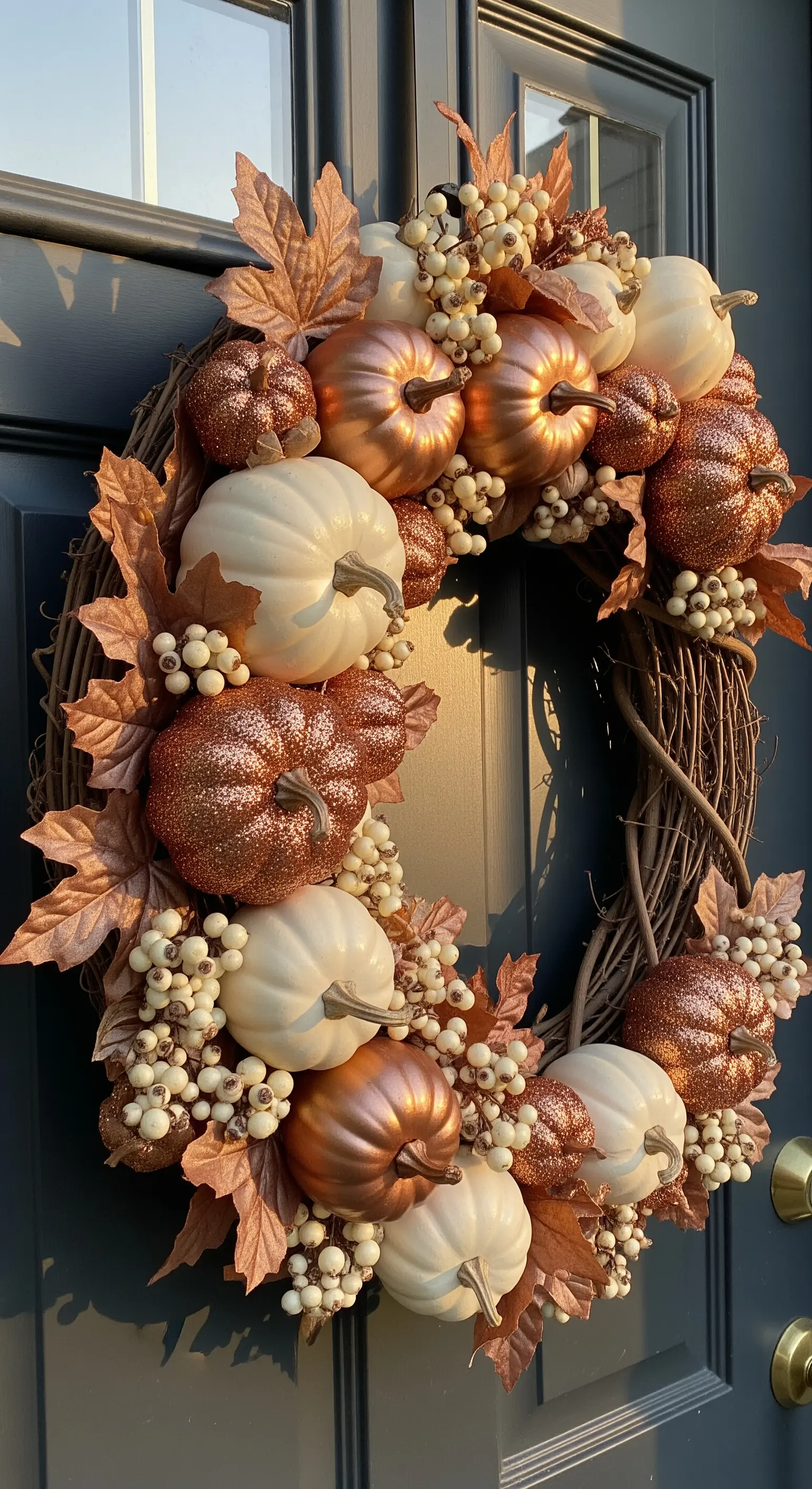 Ghirlanda autunnale con zucche bianche, oro rosa e glitterate su una porta scura.