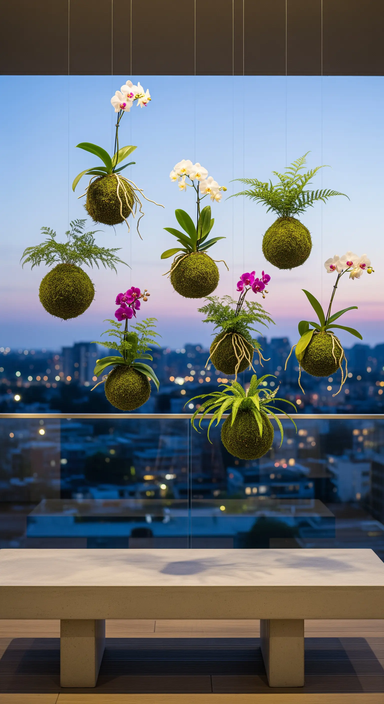 Kokedama di orchidee e felci appesi davanti a una vetrata con vista sulla città.