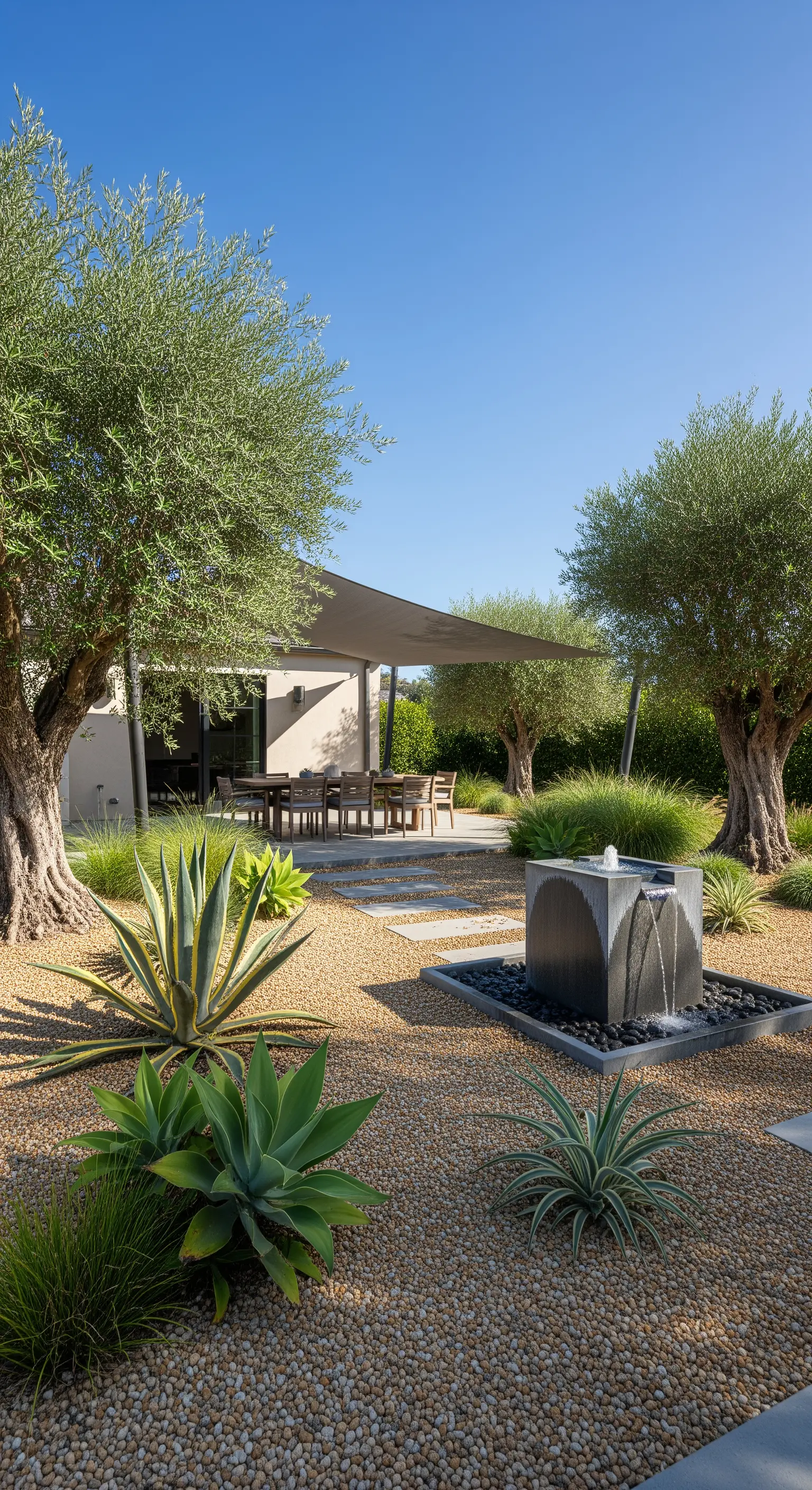Giardino con agave e piante grasse, ghiaia e una fontana cubica moderna.