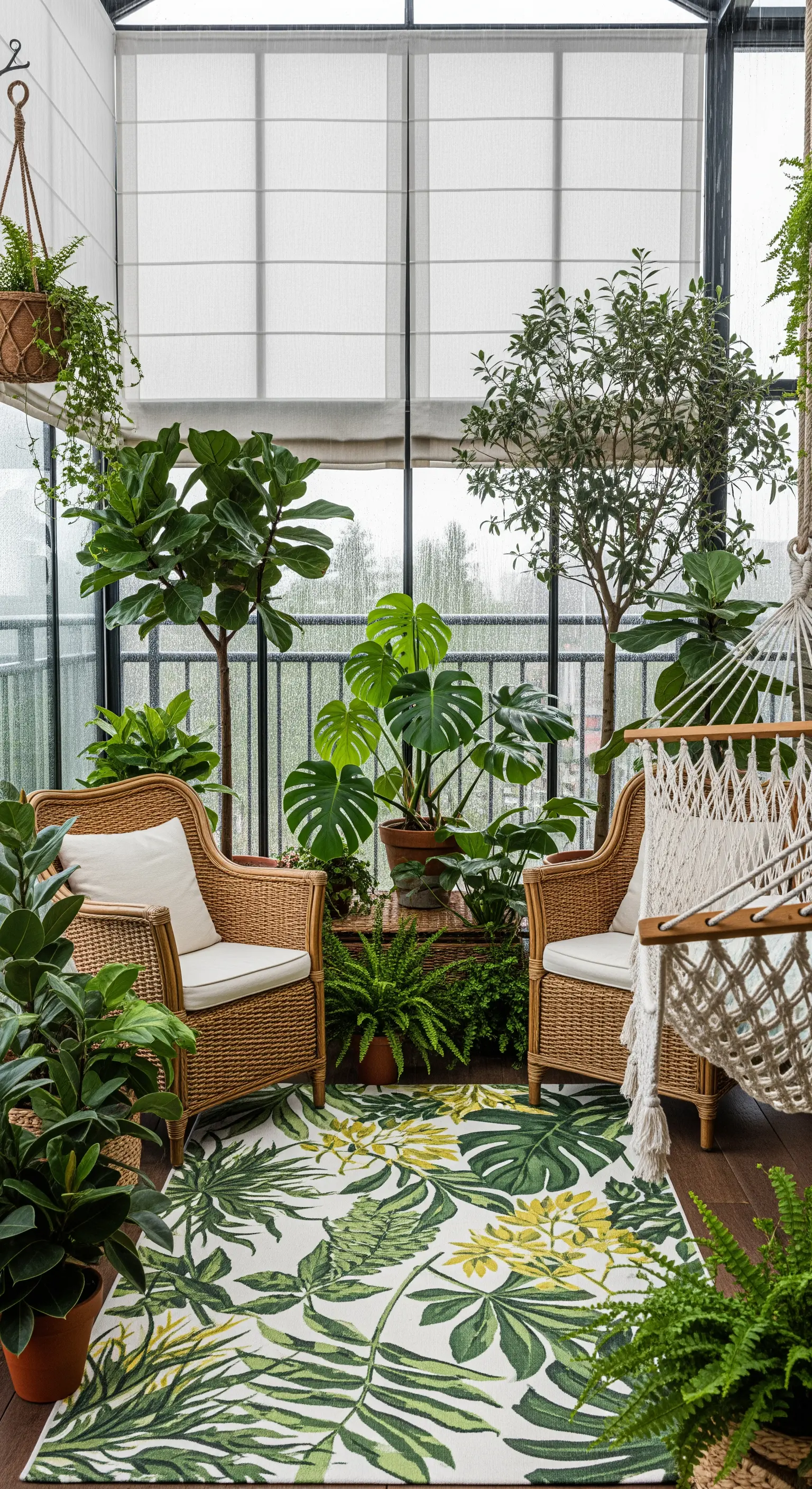Veranda piena di piante con poltrone in rattan, un'amaca e un tappeto a tema foglie tropicali.