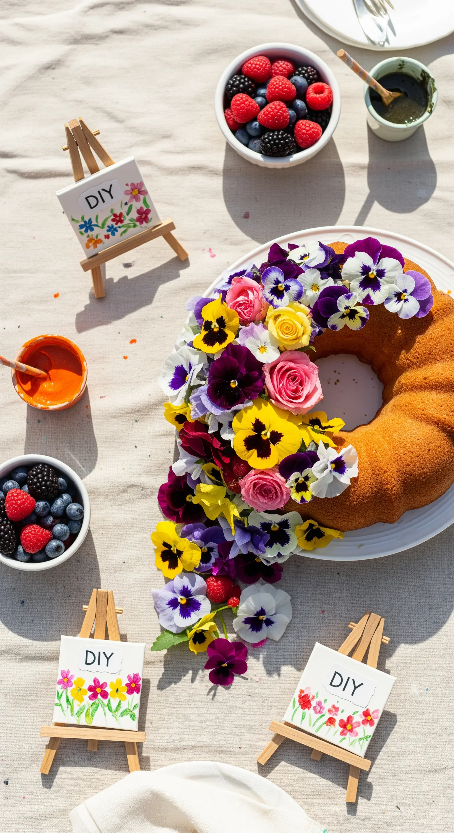 Ciambella decorata con una cascata di fiori freschi, circondata da mini tele dipinte.