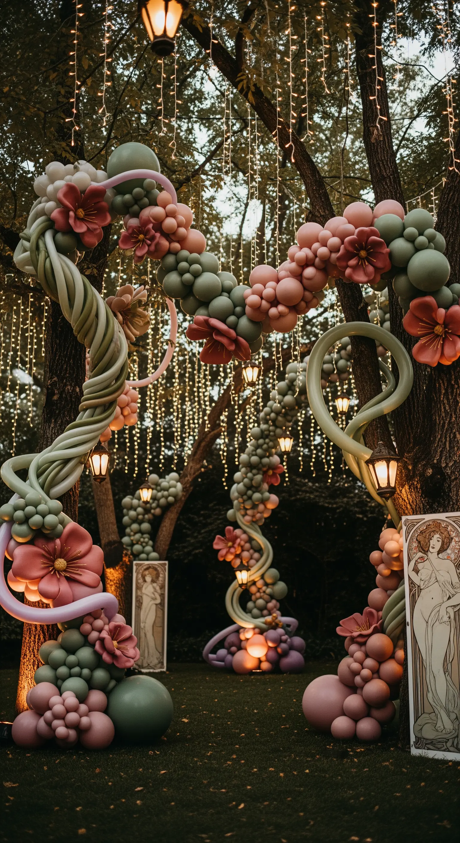 Scenografia in giardino con palloncini organici rosa e verdi, luci a cascata e lanterne.