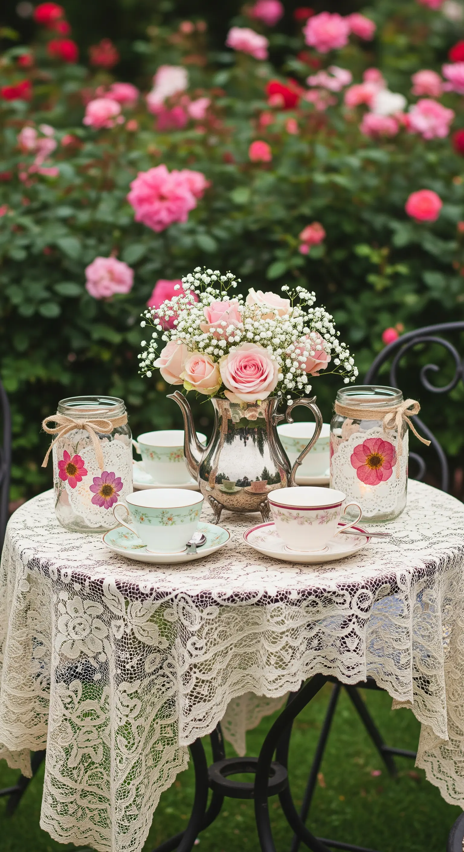 Tavolo da tè romantico con tovaglia in pizzo, rose rosa e porcellane vintage.