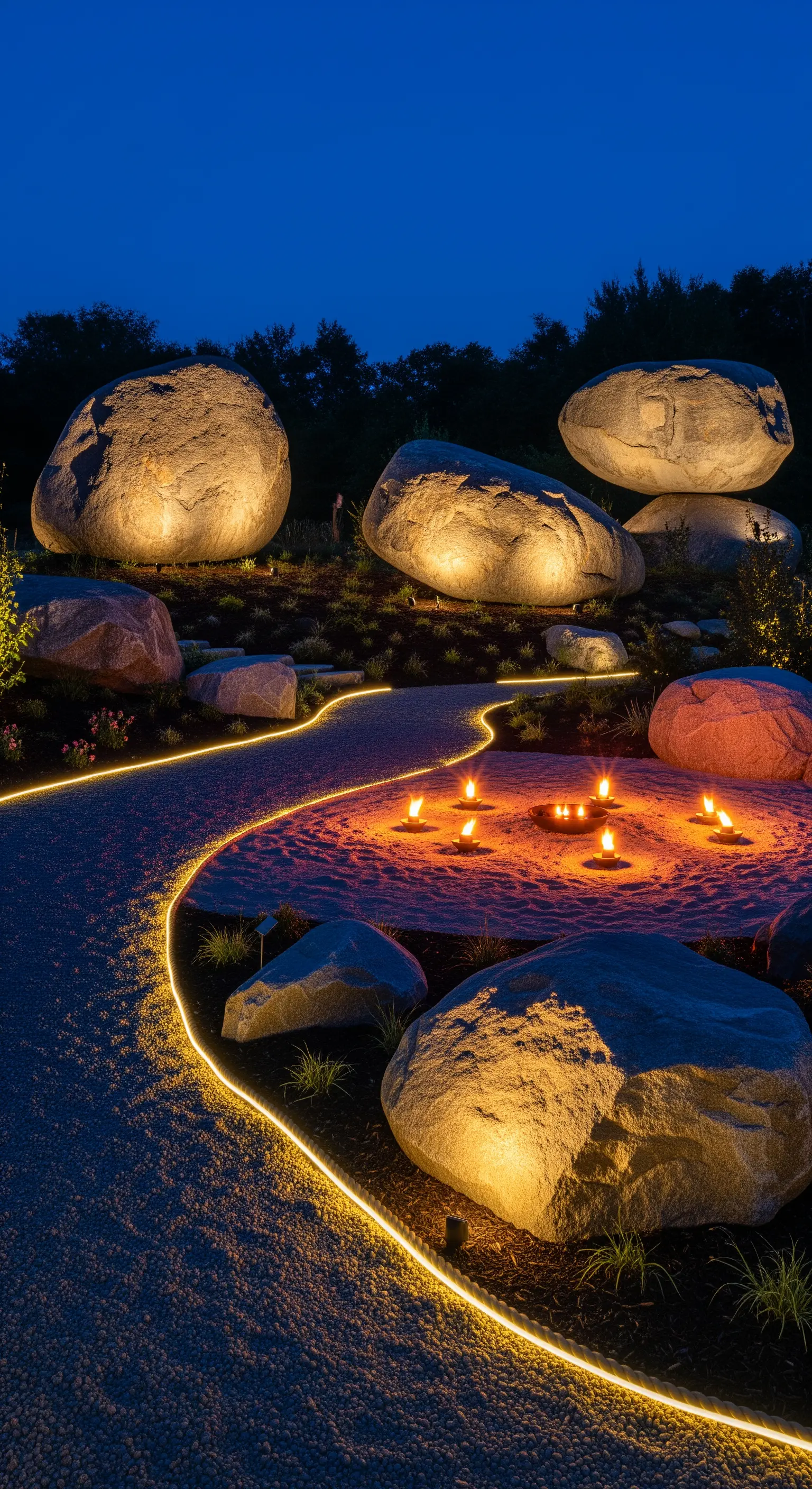 Giardino notturno con grandi massi illuminati dal basso, un percorso luminoso e un braciere.