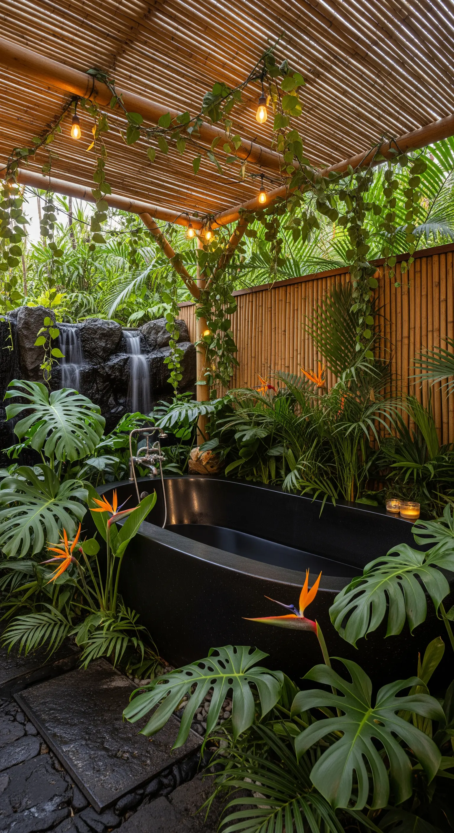 Bagno esterno tropicale con vasca nera, cascata e lucine sotto un tetto di bambù.